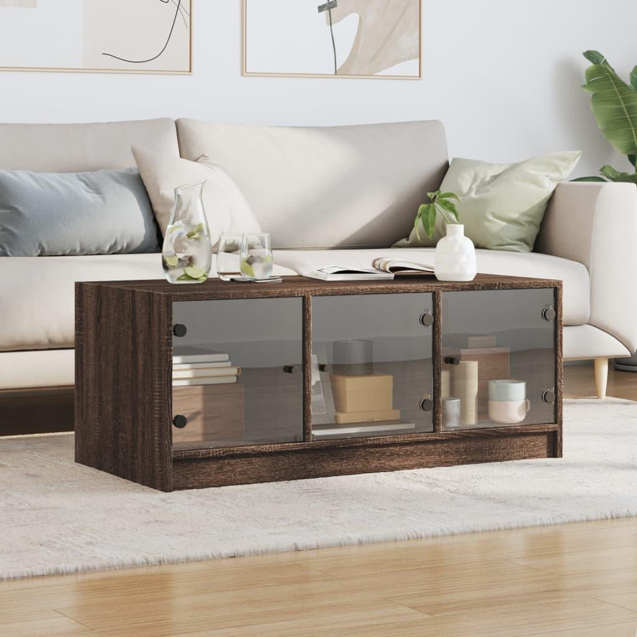 Voir la diapositive 3 : VIDAXL Table basse avec portes en verre chene marron 102x50x42 cm