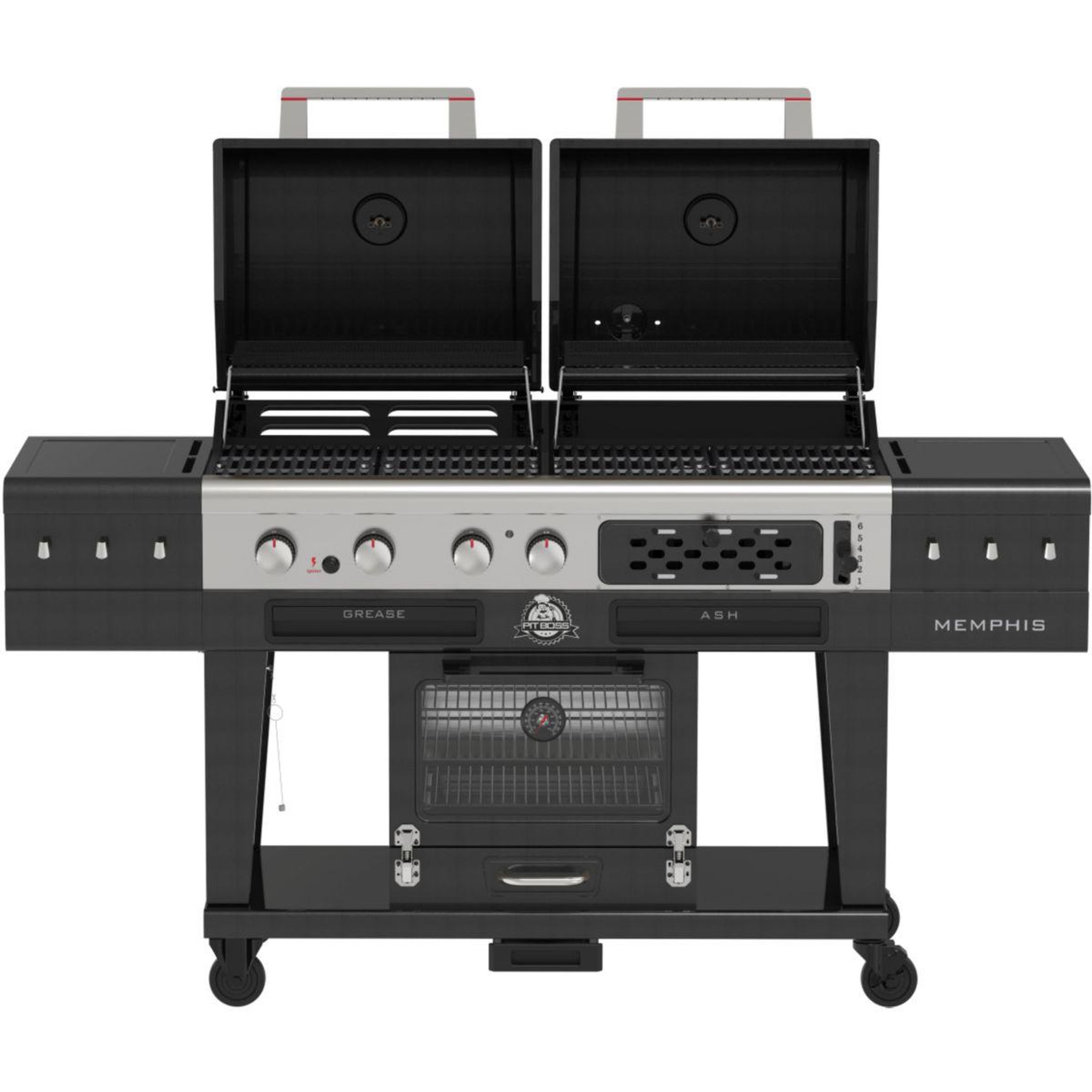 Voir la diapositive 3 : PITBOSS Barbecue gaz memphis 2.0, sur chariot , une zone de cuisson gaz, une charbon et un fumoir électrique 3 étages.