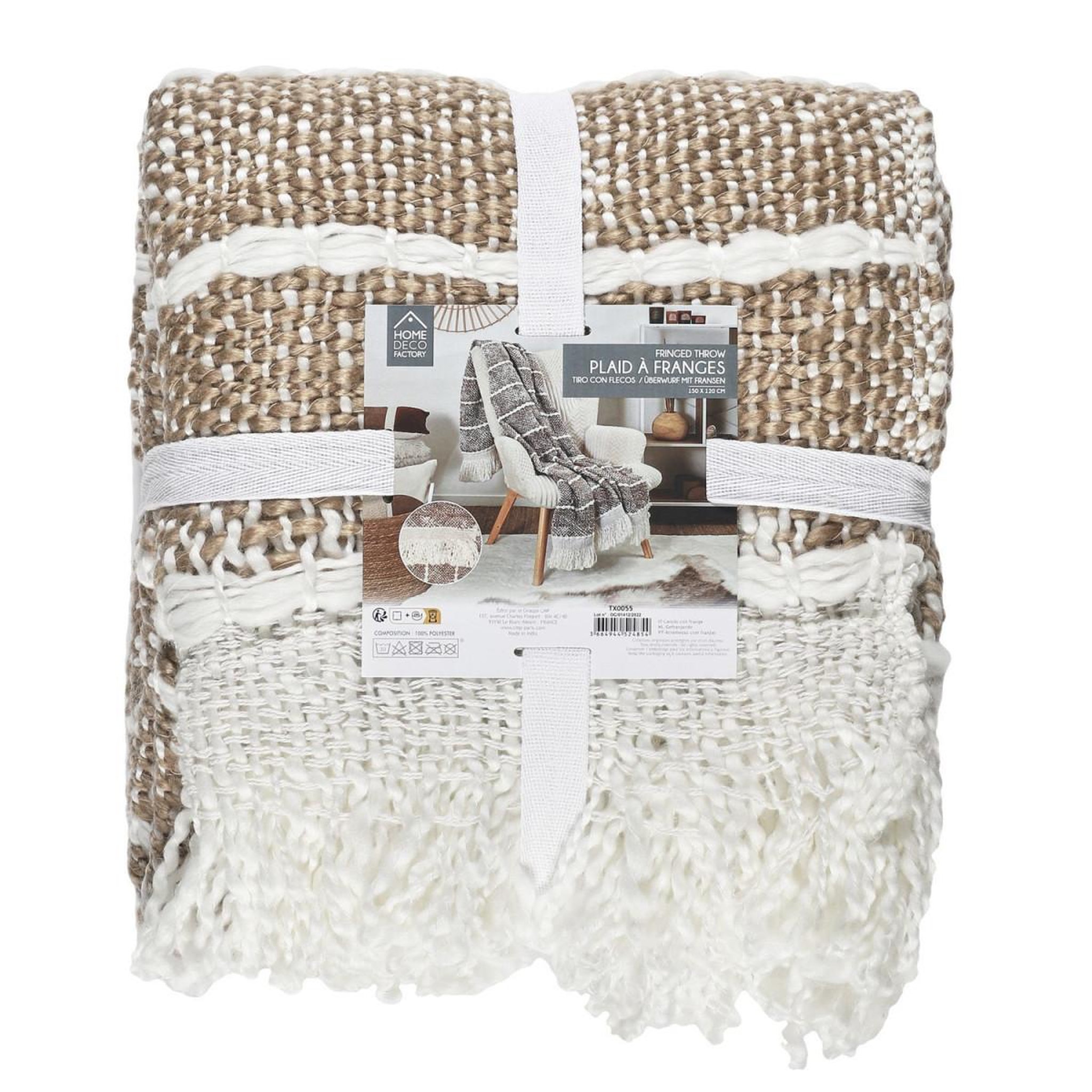 Voir la diapositive 4 : The Home Deco Factory Plaid maille tressée  franges  120x150cm taupe
