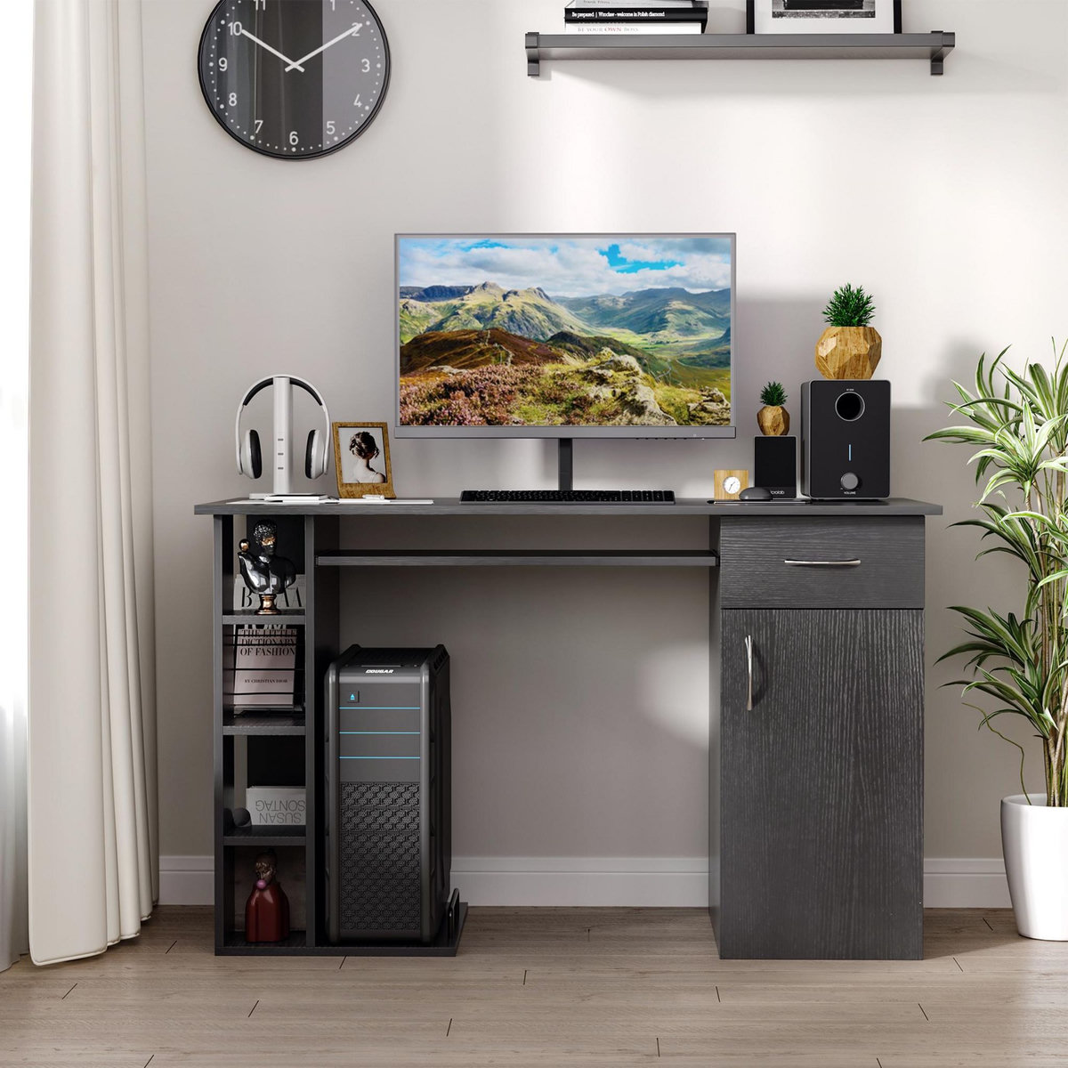 HOMCOM Bureau informatique multimédia multi-rangements avec étagère tiroir tablette clavier MDF 120 x 60 x 74 cm noir