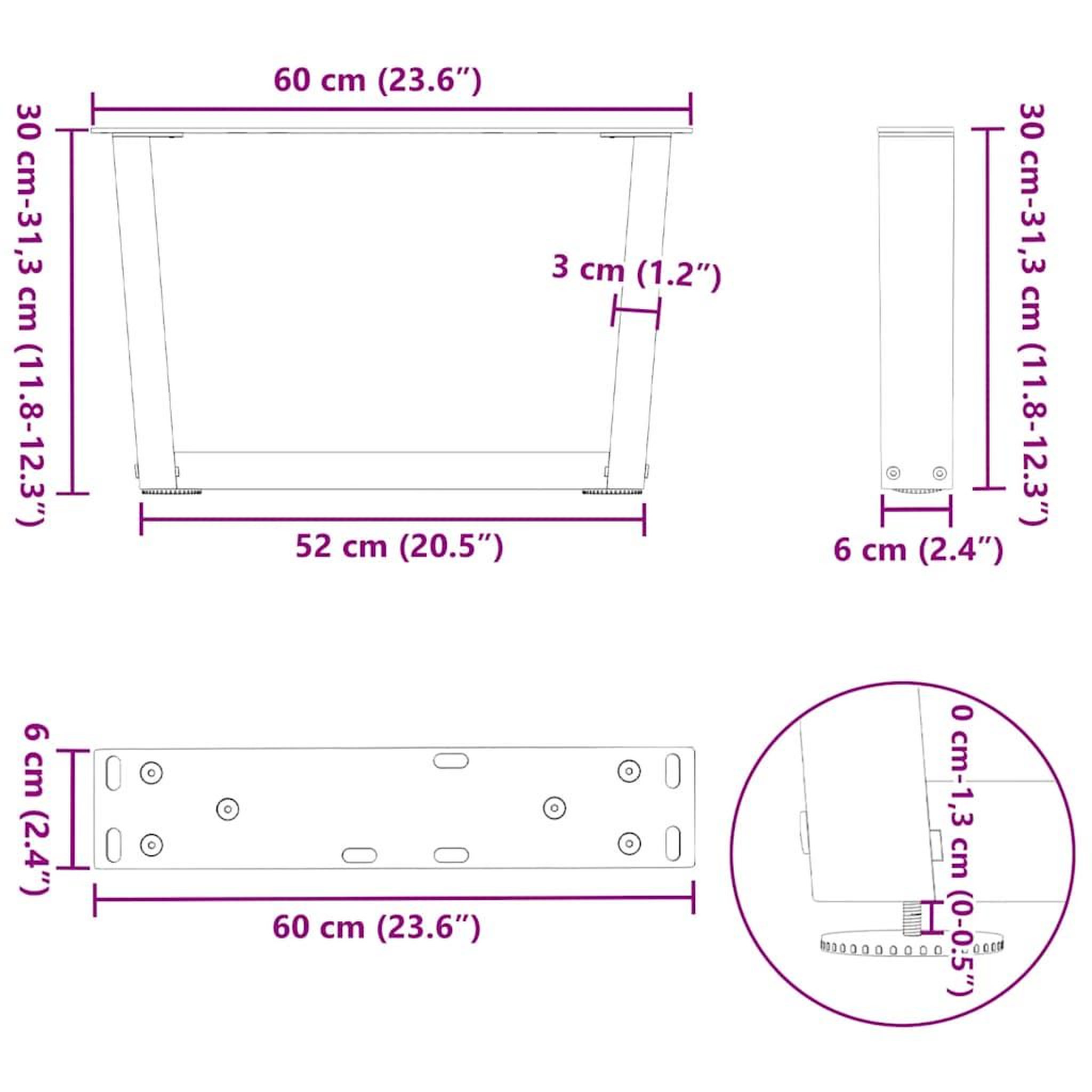 Voir la diapositive 6 : VIDAXL Pieds de table a manger forme V 2pcs blanc 60x(30-31,3)cm acier