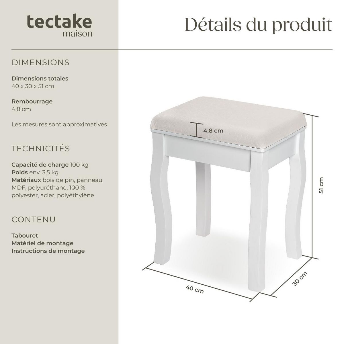 tectake Tabouret pour coiffeuse table de maquillage au look vintage blanc