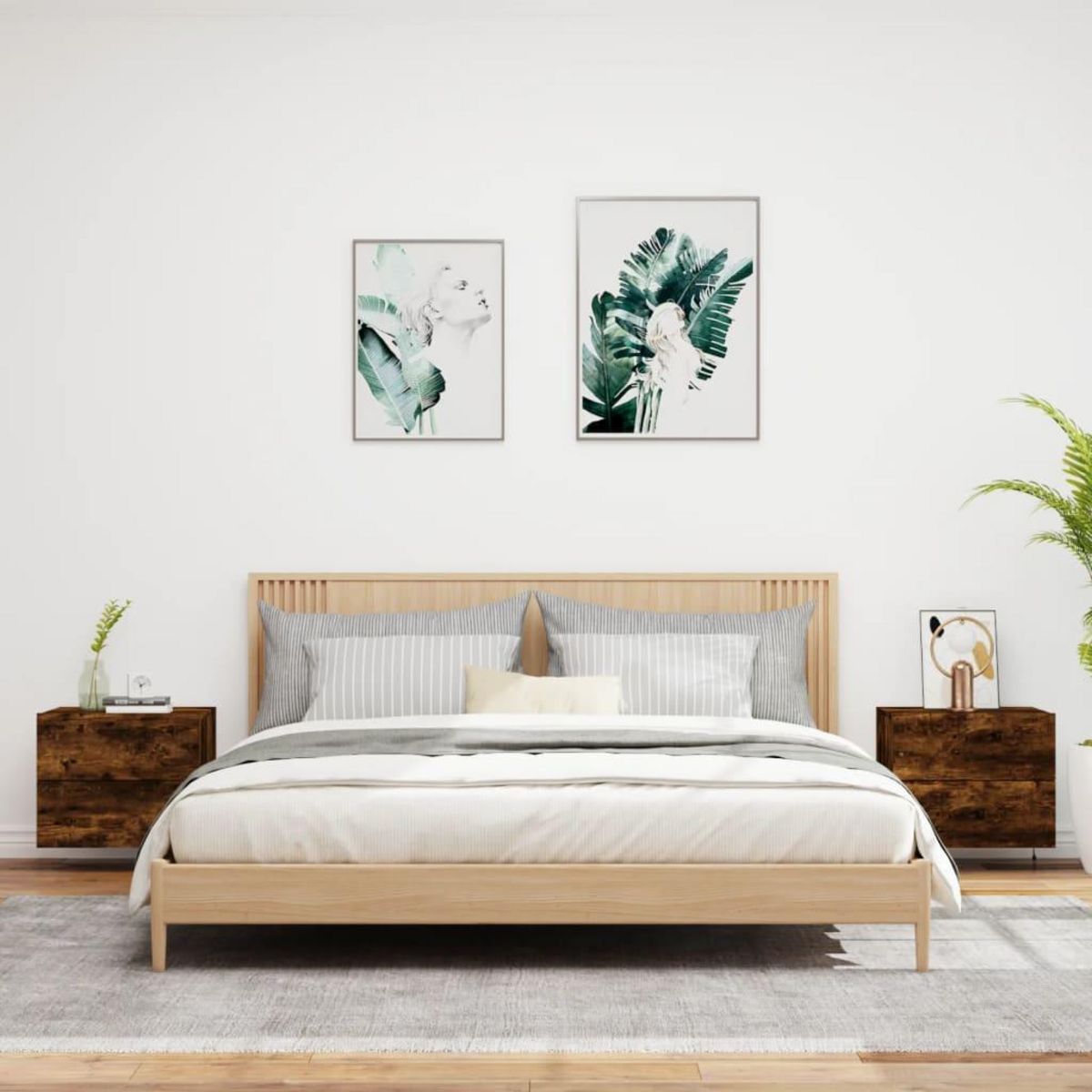 VIDAXL Tables de chevet murales avec lumieres LED 2 pcs chene fume