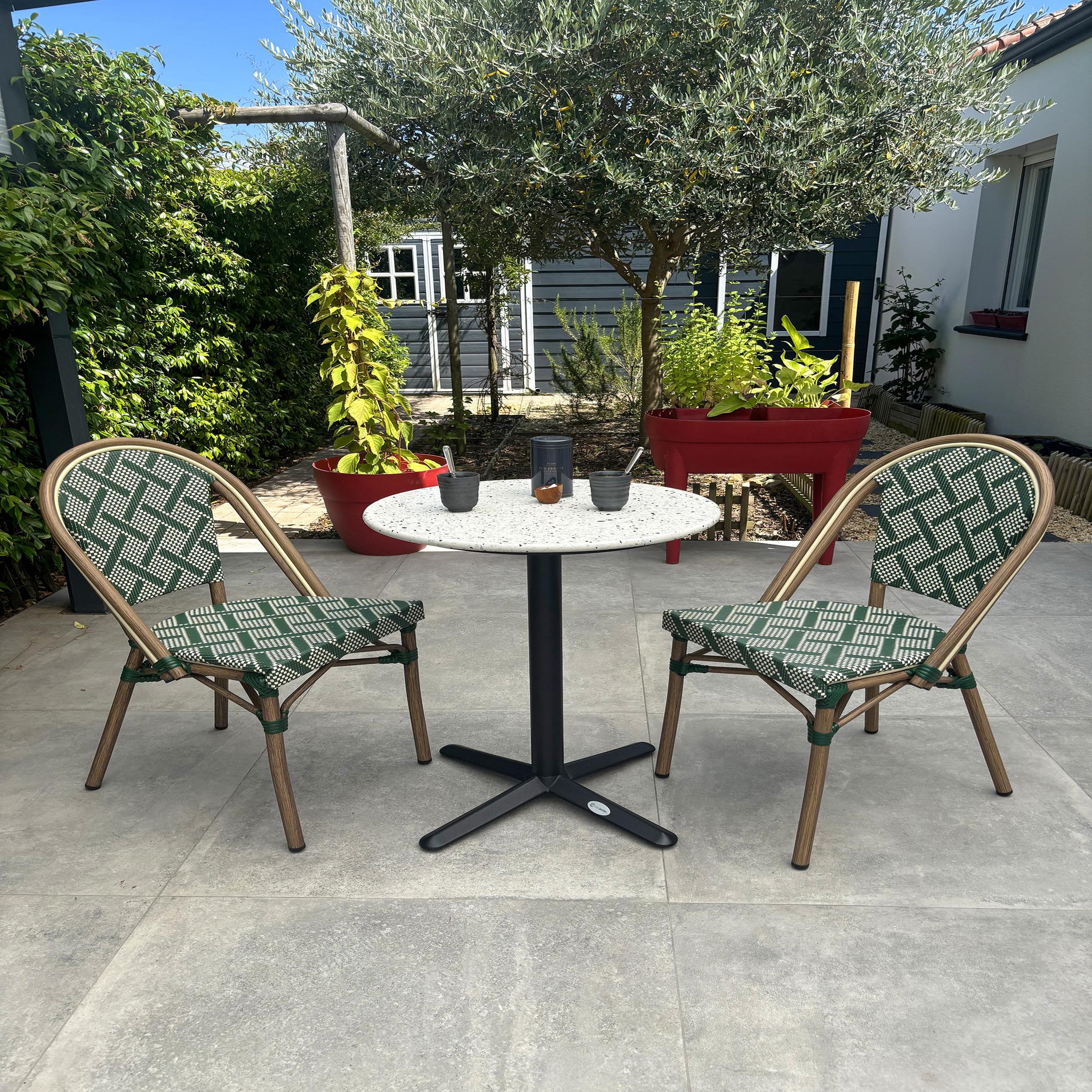 Voir la diapositive 2 : DCB GARDEN Ensemble repas de jardin en acier et plateau rond terrazzo (2 places)