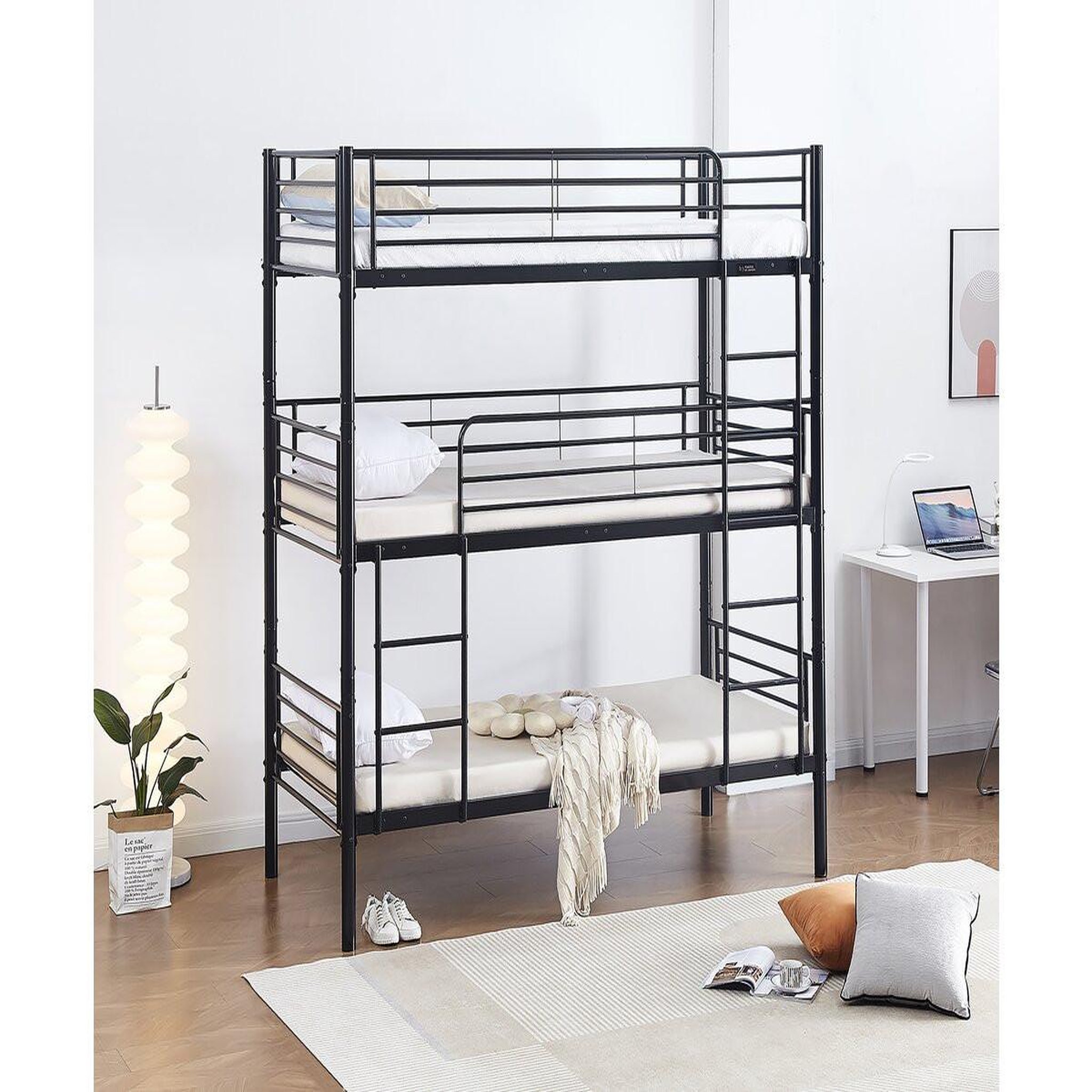 Voir la diapositive 2 : Habitat et Jardin Lit superposé en métal triple  havin  - 90 x 190 cm - noir