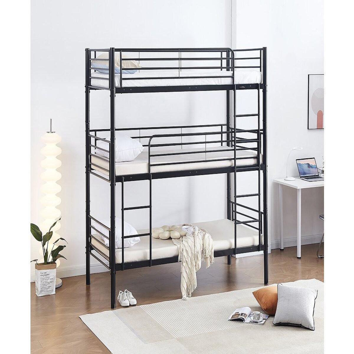 Habitat et Jardin Lit superposé en métal triple  HAVIN  - 90 x 190 cm - Noir