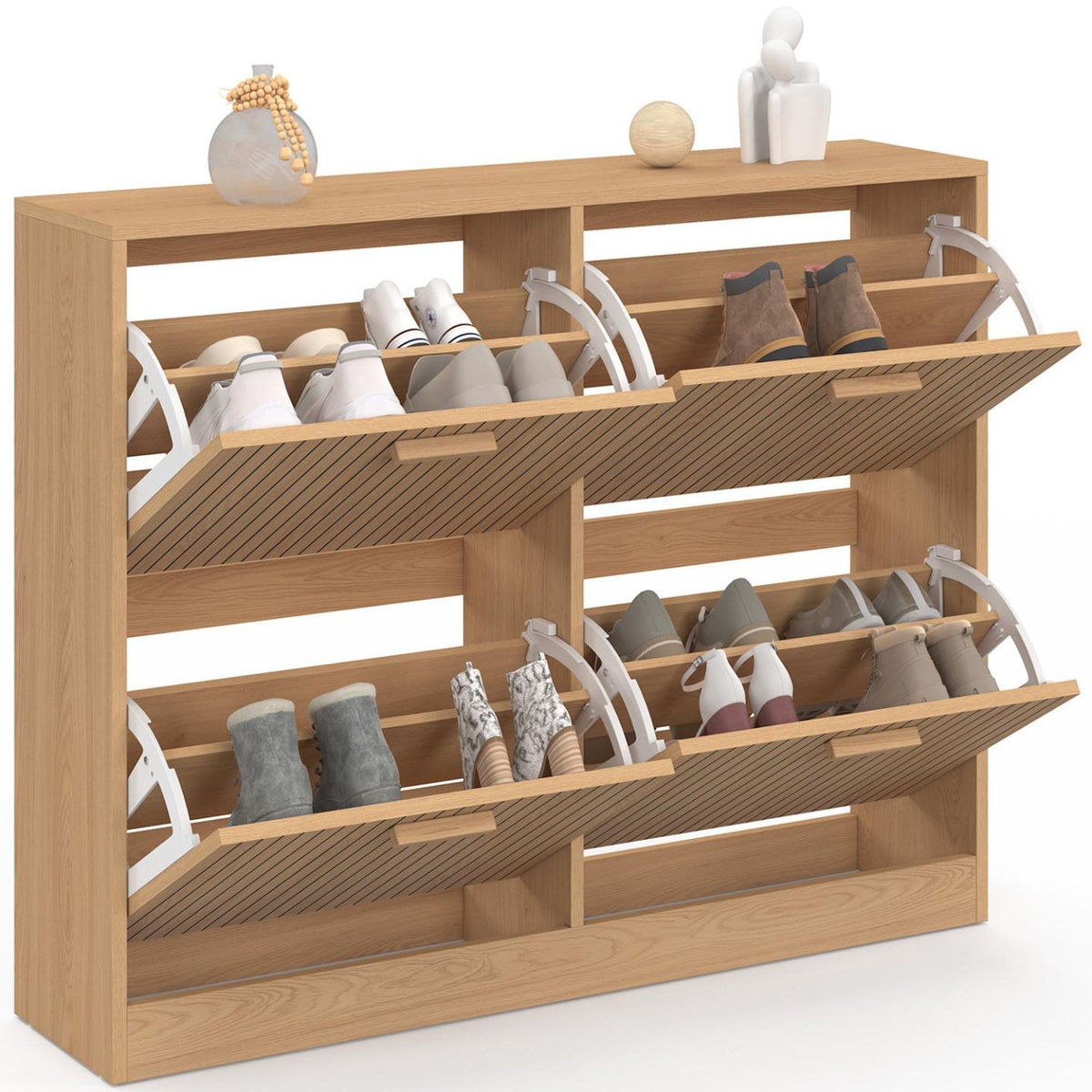 ID MARKET Meuble à chaussures 20 paires JULIETTE 4 portes lattes tasseau bois coloris chêne