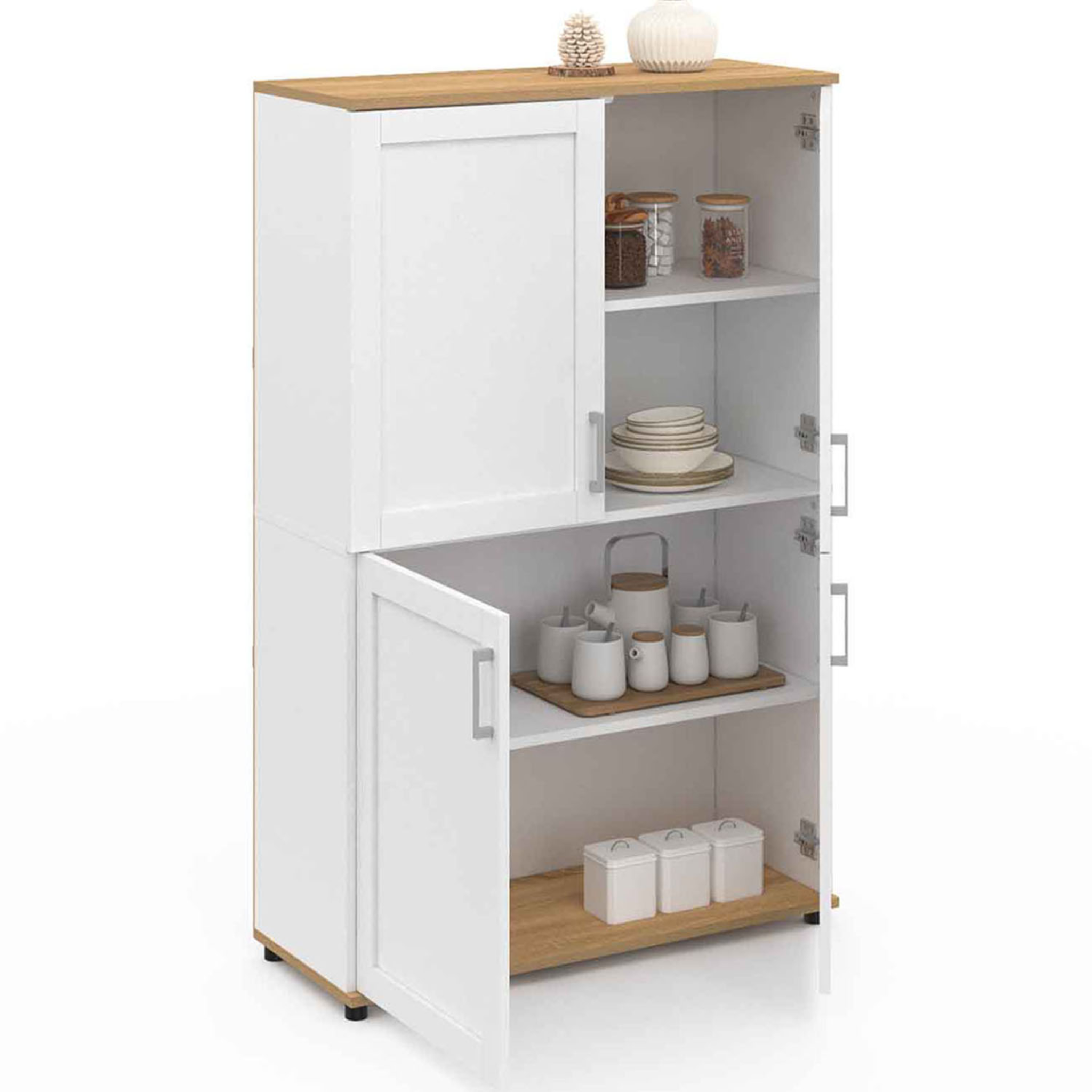 Voir la diapositive 4 : ID MARKET Buffet haut h. 125 cm vito 4 portes blanc et bois