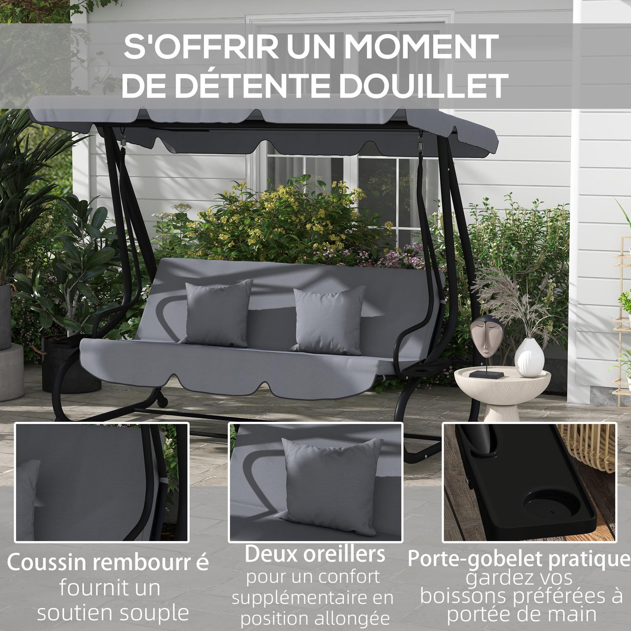Voir la diapositive 5 : OUTSUNNY Balancelle de jardin convertible 3 places inclinaison toit réglable 2 tablettes + matelas 2L x 1,2l x 1,64H m métal époxy noir polyester gris