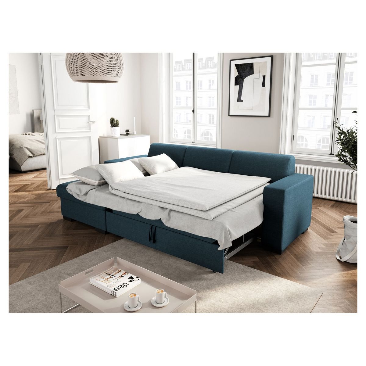 Canapé d'angle gauche convertible  4 places avec coffre tissu CARIBEA