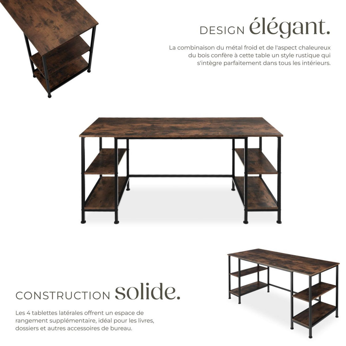 tectake Bureau Style industriel 2 étagères latérales avec 2 compartiments de stockage
