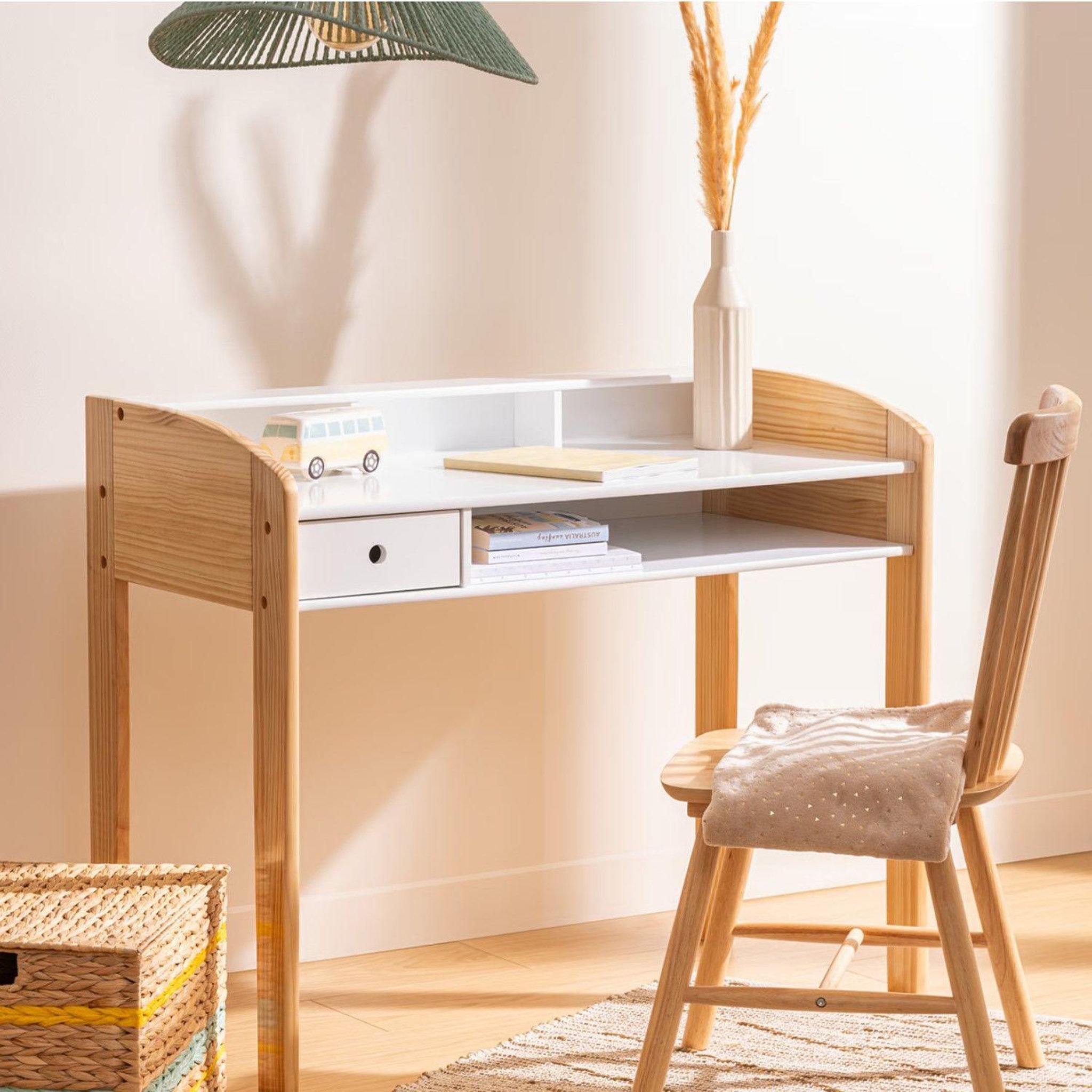 Voir la diapositive 2 : ATMOSPHERA Bureau enfant primaire 1 tiroir en bois tod - blanc et beige