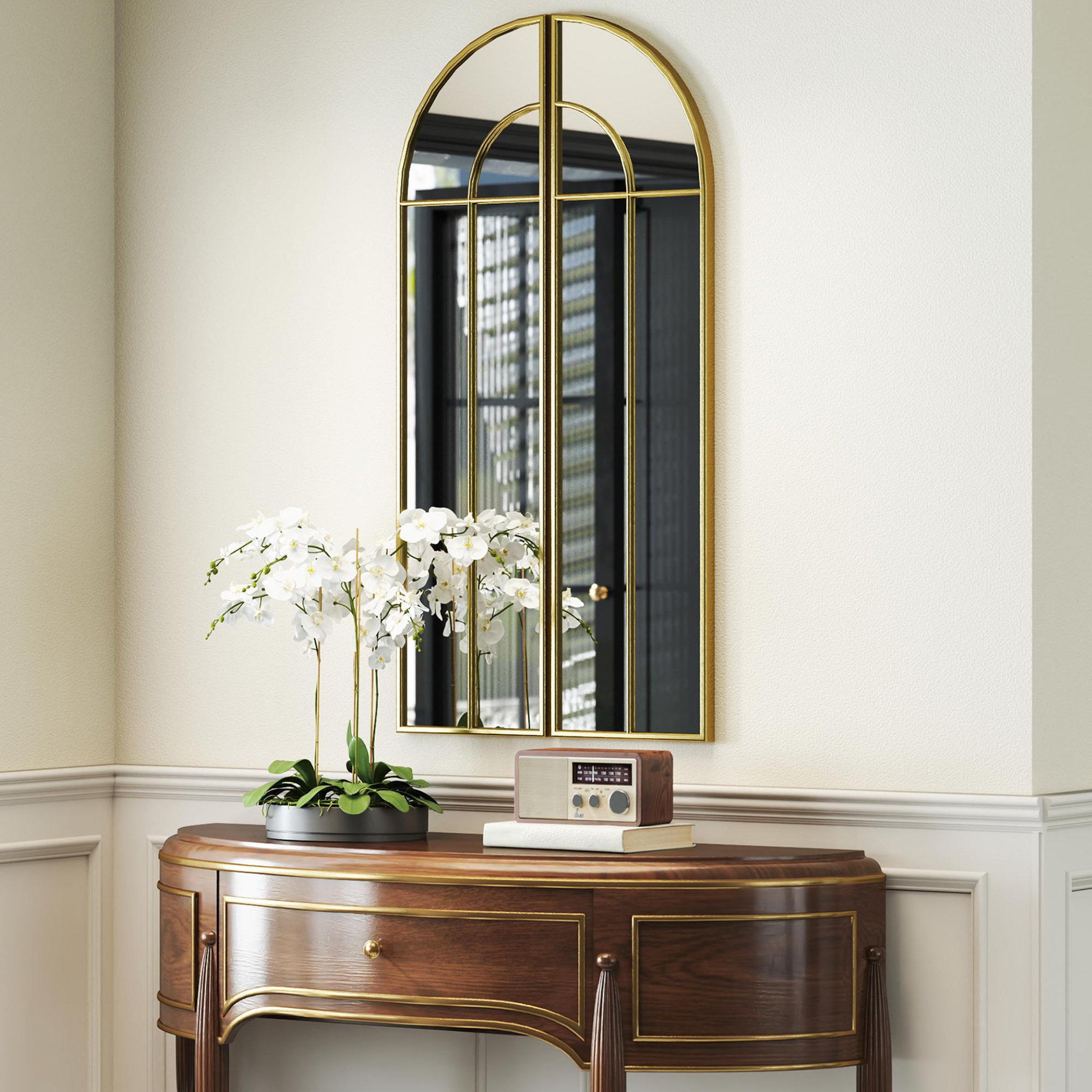 Voir la diapositive 2 : HOMCOM Miroir mural style verrière dim. panneau 30 x 120 cm métal doré verre