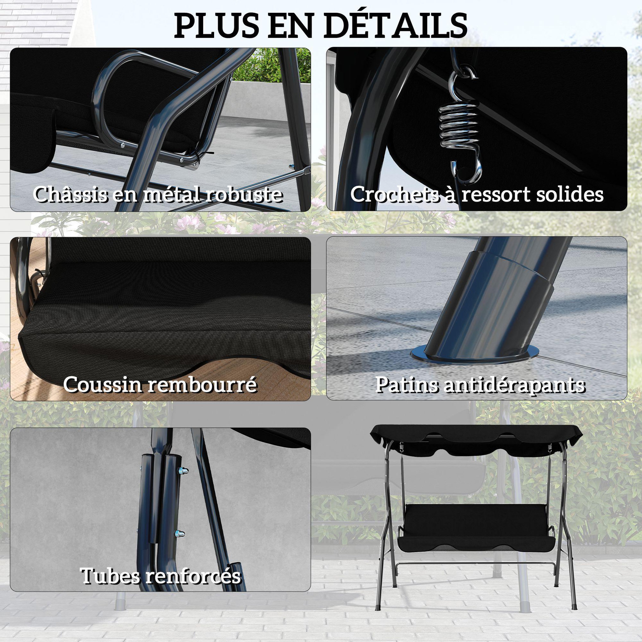Voir la diapositive 6 : OUTSUNNY Balancelle de jardin 3 places coussins assise dossier noir