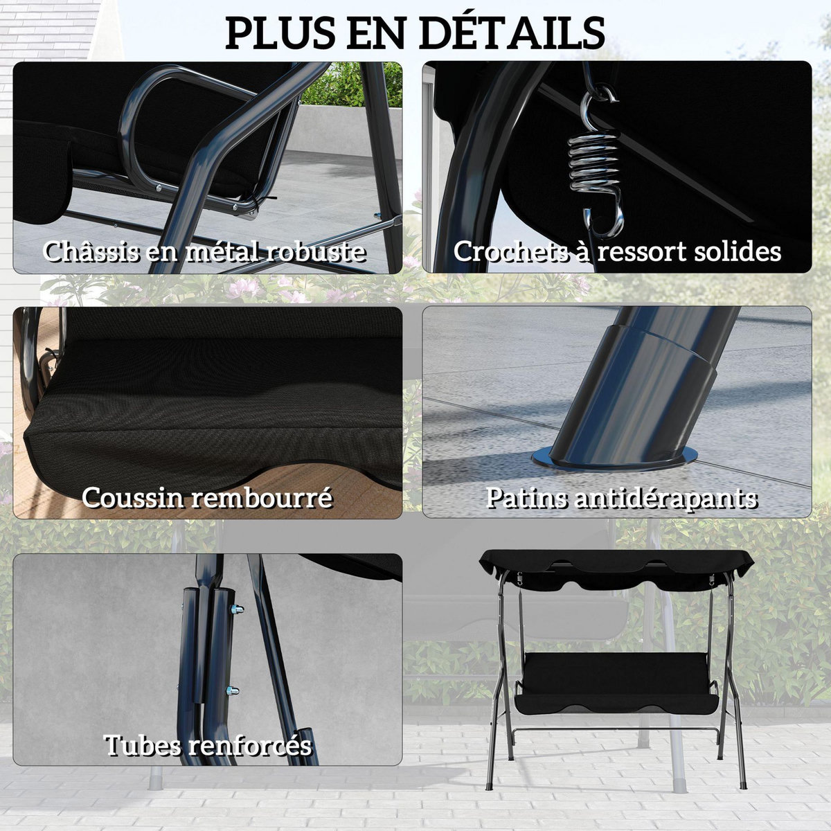 OUTSUNNY Balancelle de jardin 3 places coussins assise dossier noir