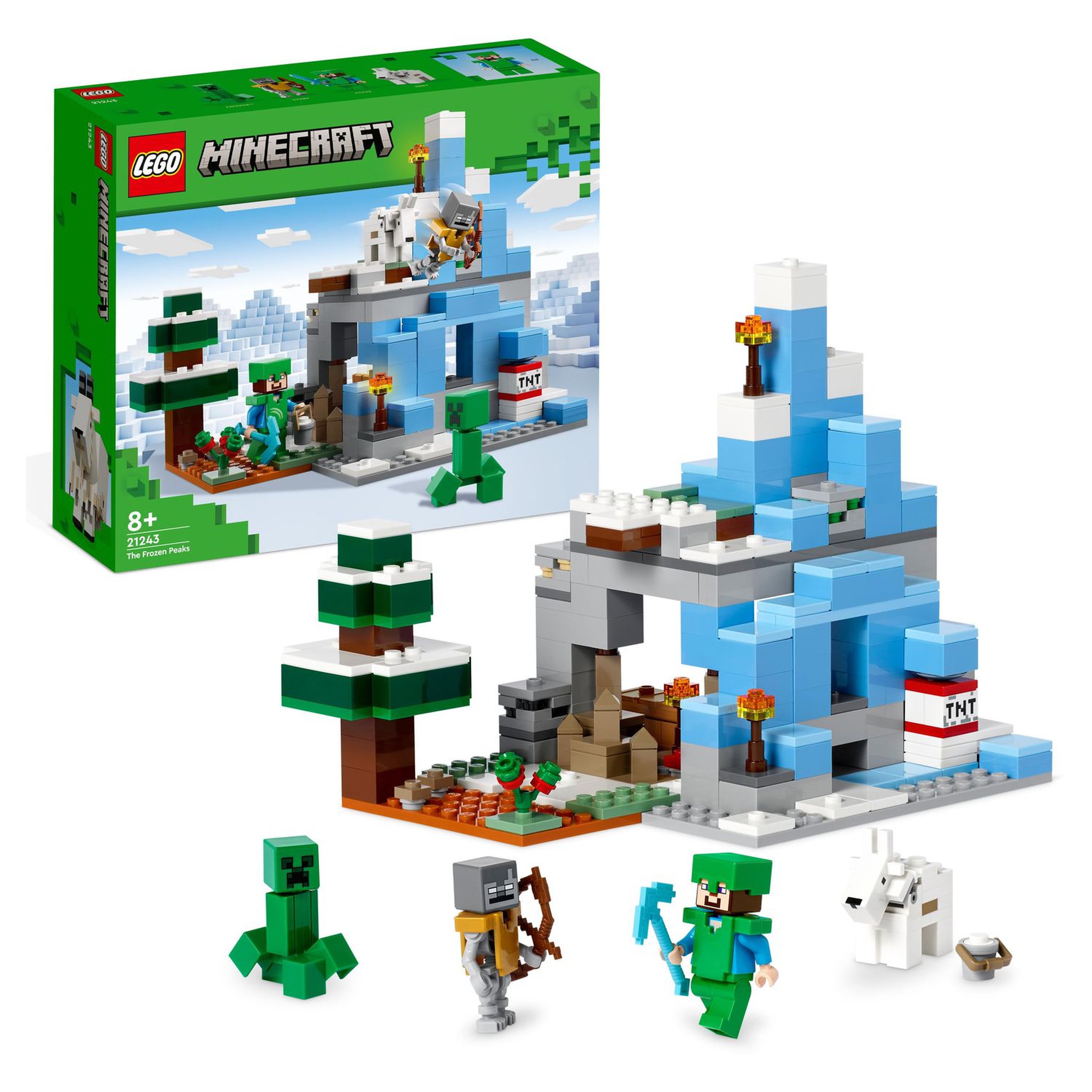 Voir la diapositive 2 : LEGO Minecraft 21243 Les pics gelés, Jouet Garçons et Filles 8 Ans, Cavernes des Montagnes, avec Figurines Steve, Creeper et Chèvre, et TNT, Biome Glacé