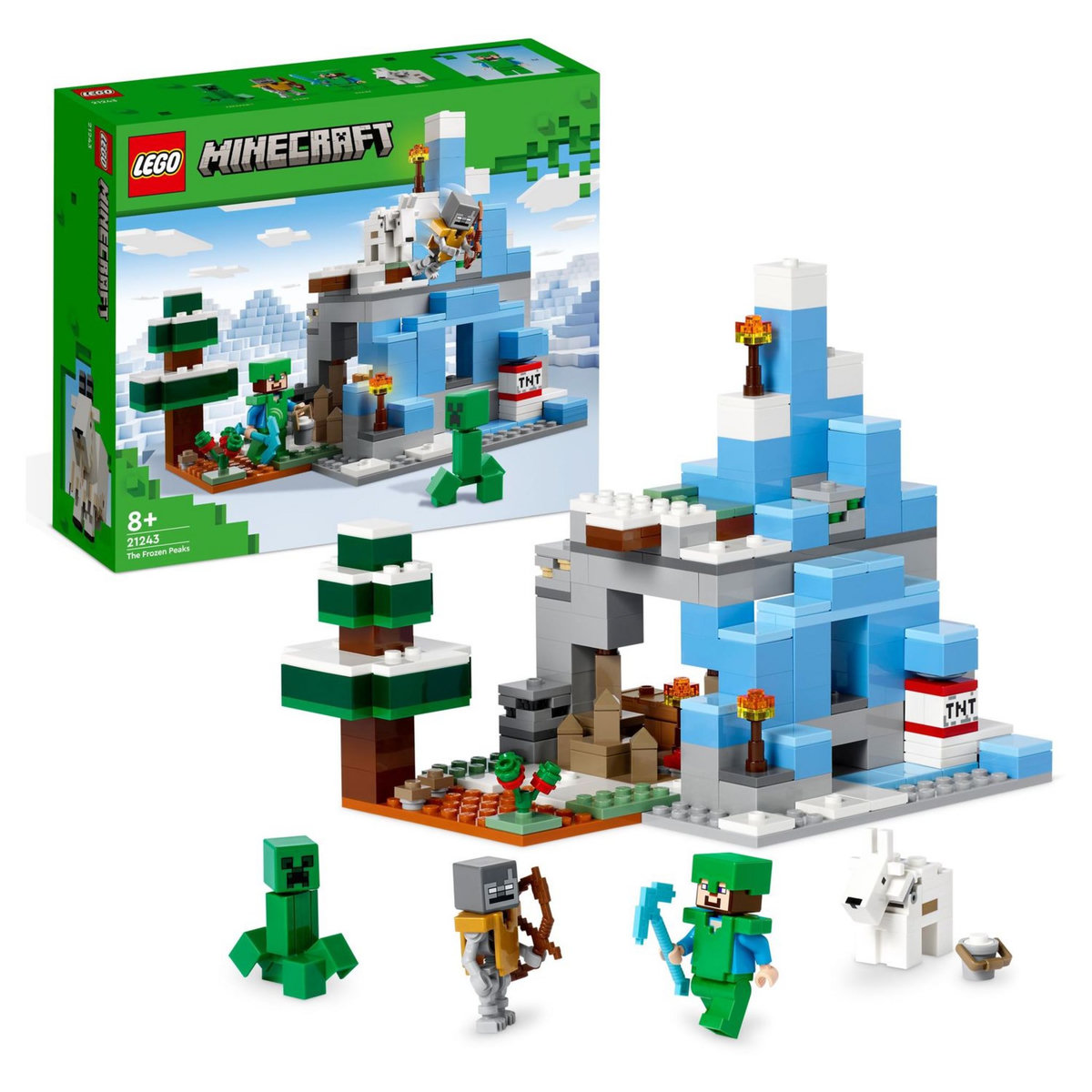 LEGO Minecraft 21243 Les pics gelés, Jouet Garçons et Filles 8 Ans, Cavernes des Montagnes, avec Figurines Steve, Creeper et Chèvre, et TNT, Biome Glacé