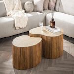 BEST MOBILIER Jade - lot de 2 tables basses gigognes effet travertin - pieds en bois massif de manguier - 93 et 76 cm. Coloris disponibles : Marron