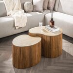 BEST MOBILIER Jade - lot de 2 tables basses gigognes effet travertin - pieds en bois massif de manguier - 93 et 76 cm. Coloris disponibles : Marron