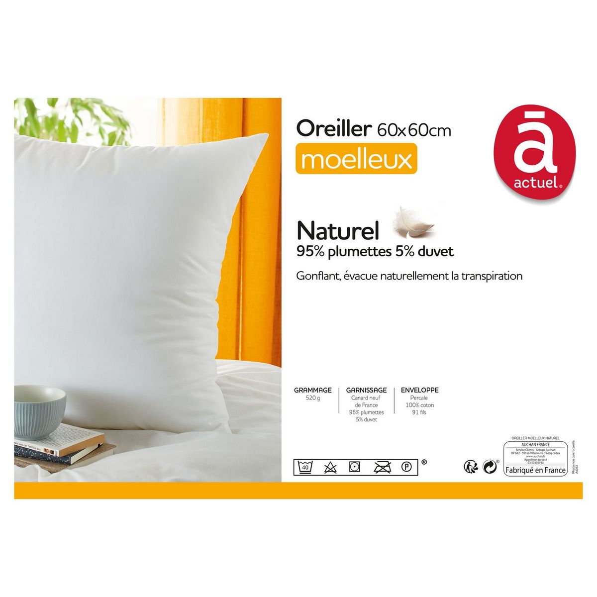 ACTUEL Oreiller moelleux naturel en percale de coton CANARD NEUF DE France