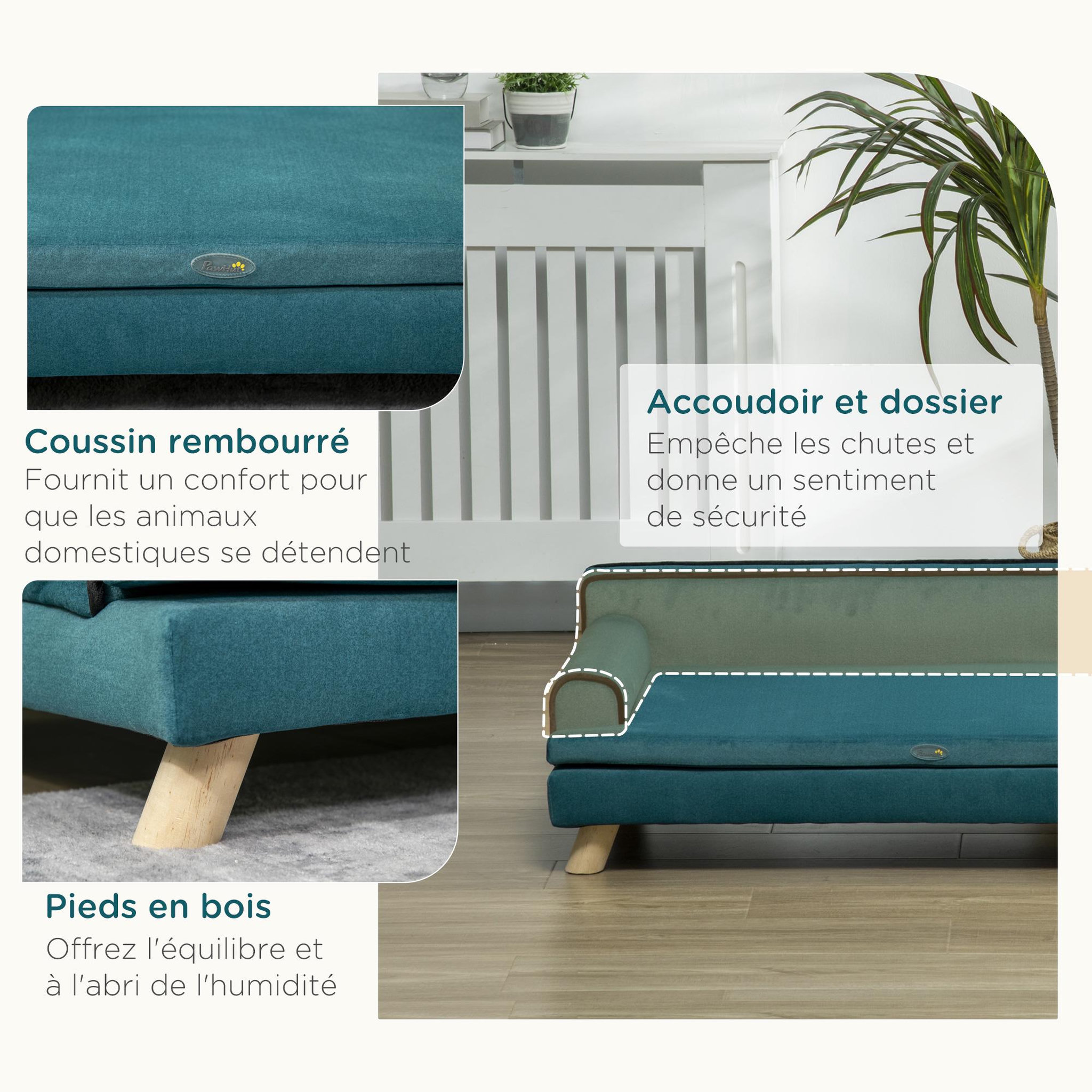 Voir la diapositive 6 : PAWHUT Canapé chien lit pour chien design scandinave coussin moelleux piètement bois dim. 100l x 62l x 32h cm polyester bleu canard