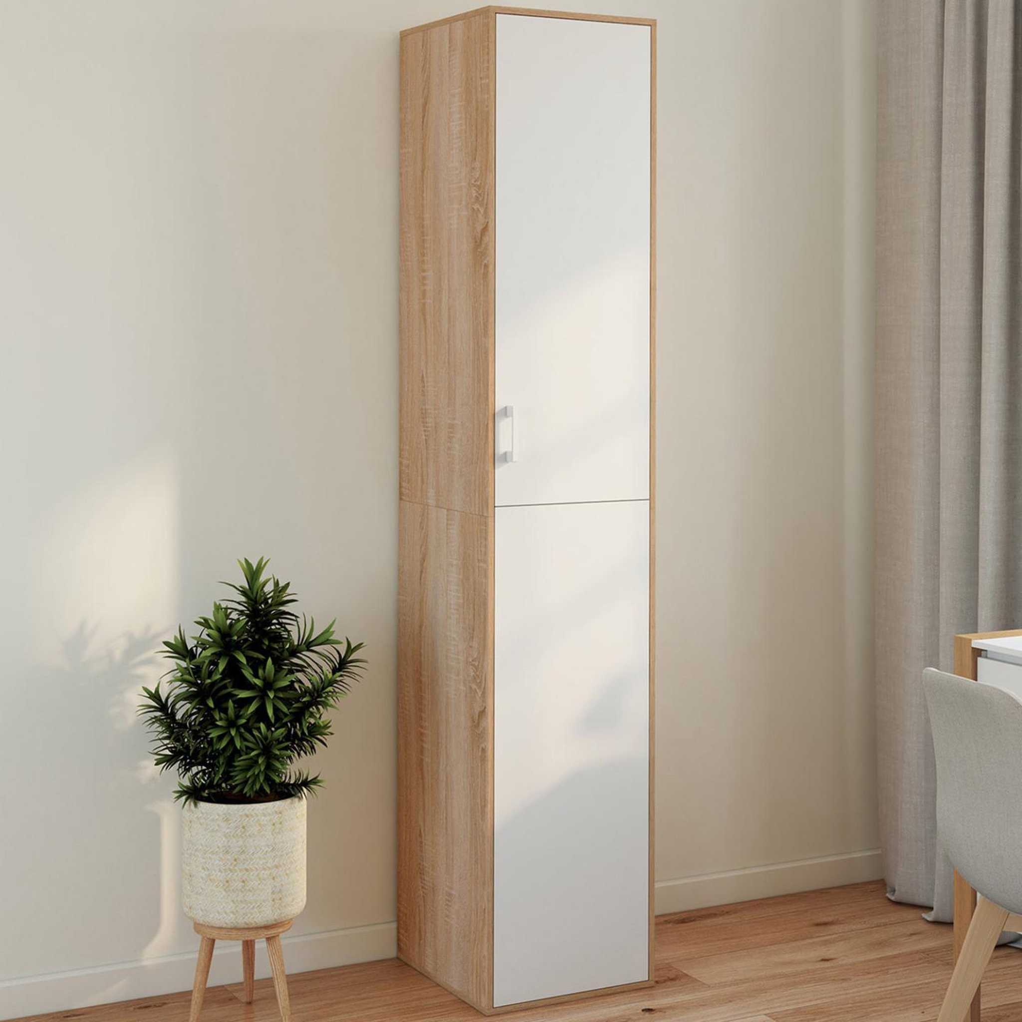 Voir la diapositive 2 : ID MARKET Armoire de bureau 180 cm multifonction sylvia blanc et bois 1 porte 3 étagères