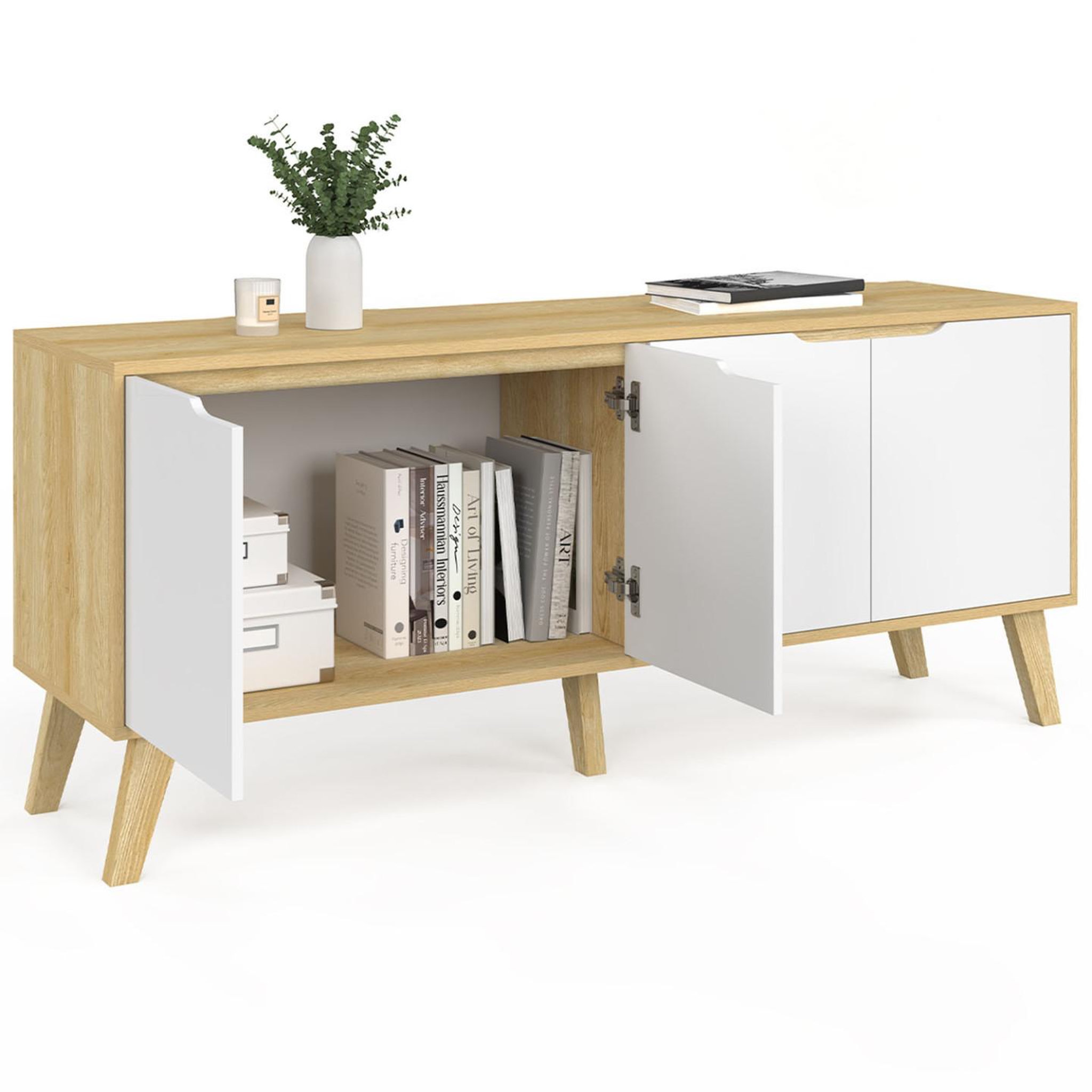 Voir la diapositive 4 : ID MARKET Buffet bas scandinave 140 cm finn  4 portes blanc et bois façon hêtre