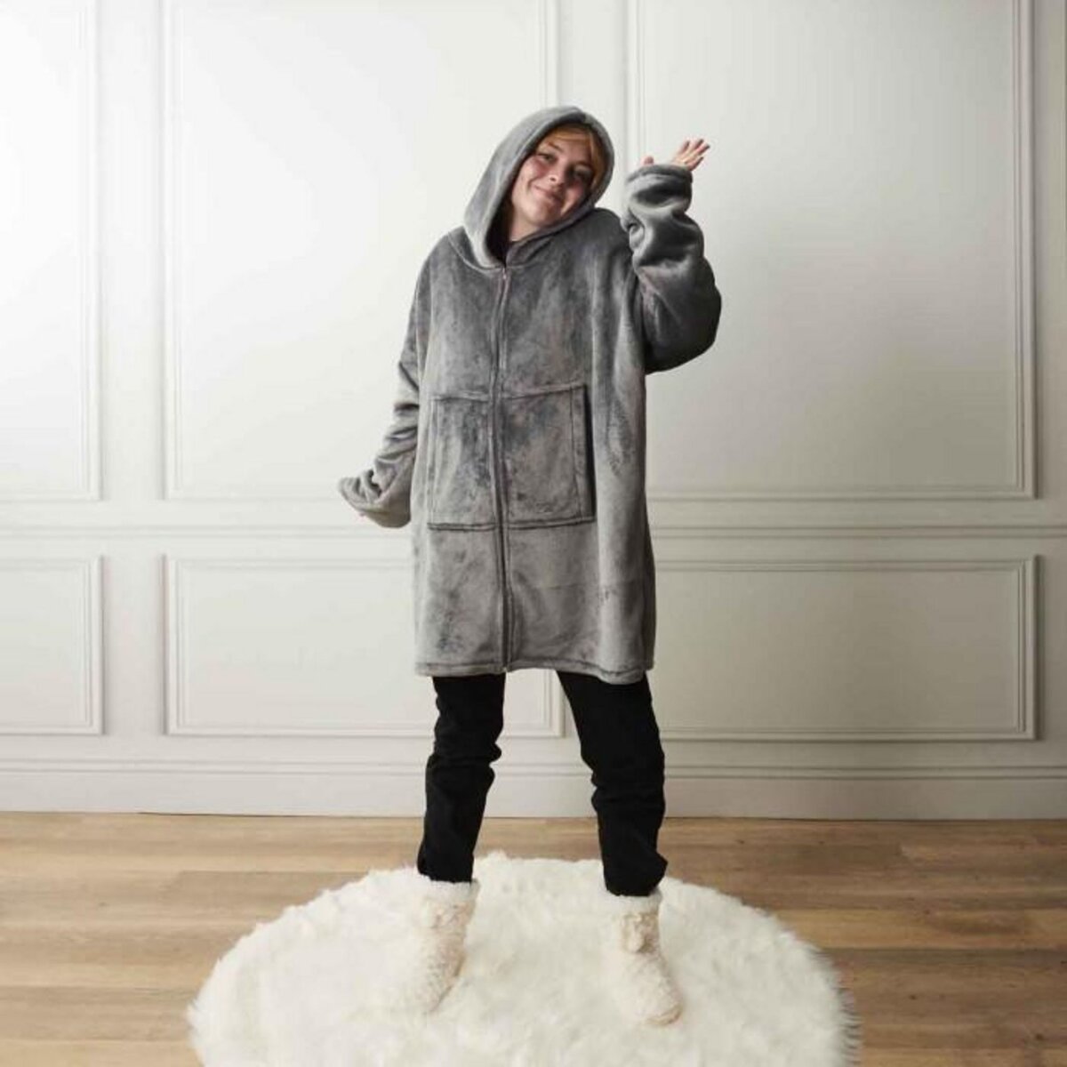 Paris Prix Plaid Sweat à Capuche  Fermeture  85x118cm Gris