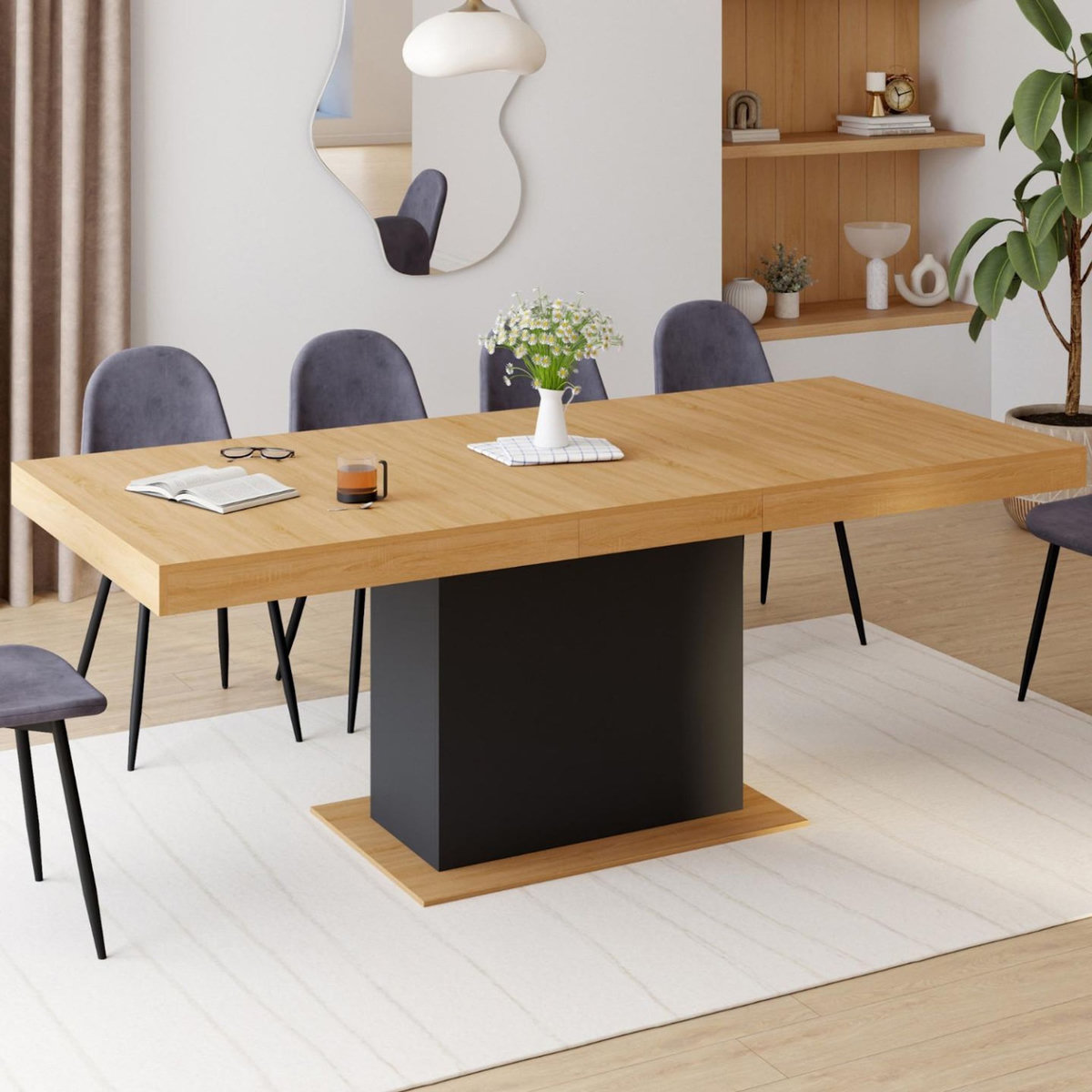 ID MARKET Table à manger extensible rectangle EDEN 6-10 personnes bois et noir 160-200 cm