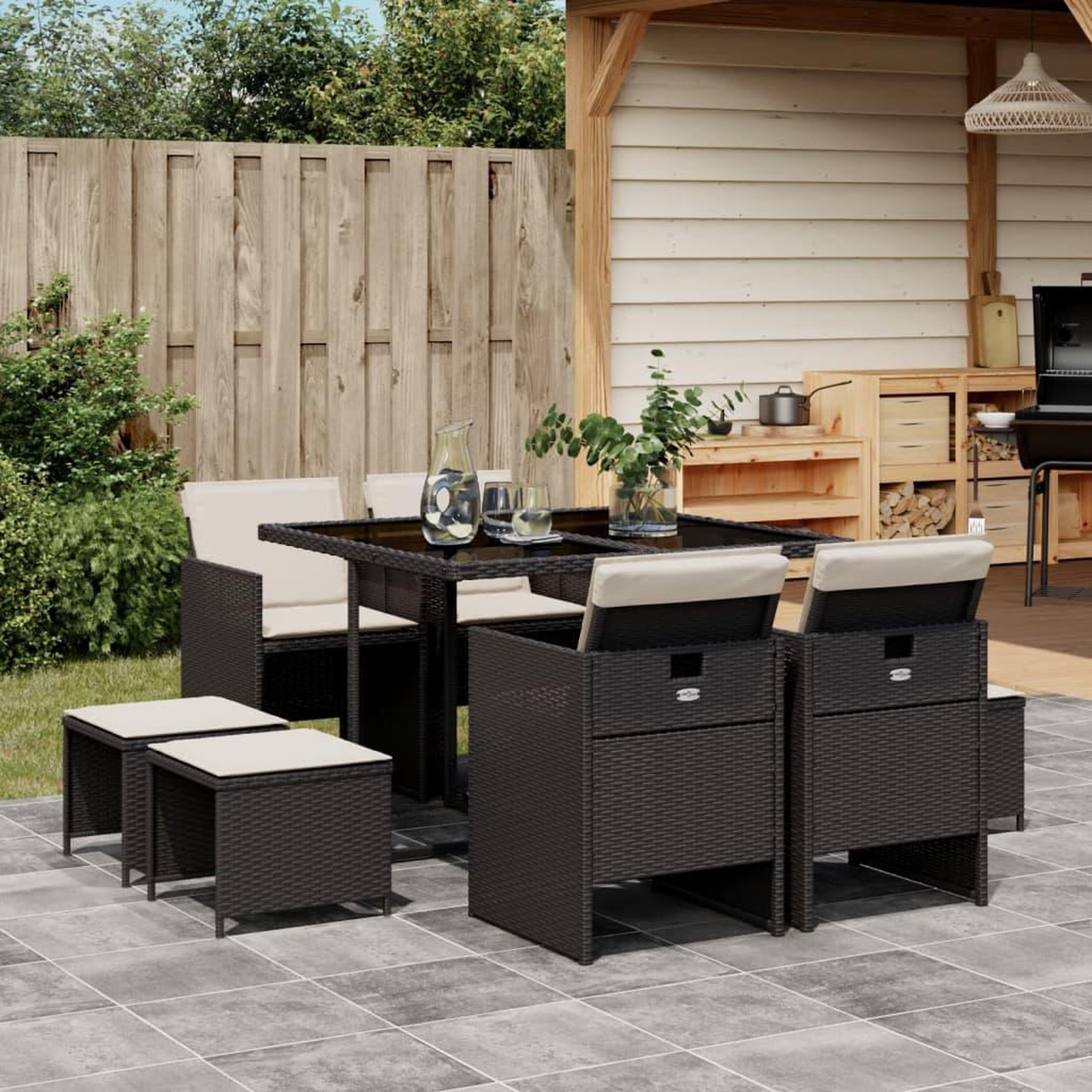 VIDAXL Ensemble a manger de jardin 9pcs coussins noir resine tressee