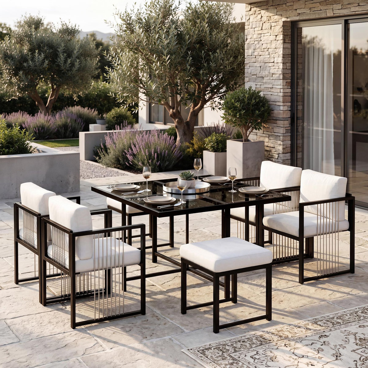 MERAX Salon de jardin 6 places 7 pièces avec table, chaises, fauteuils et repose-pieds, blanc noir