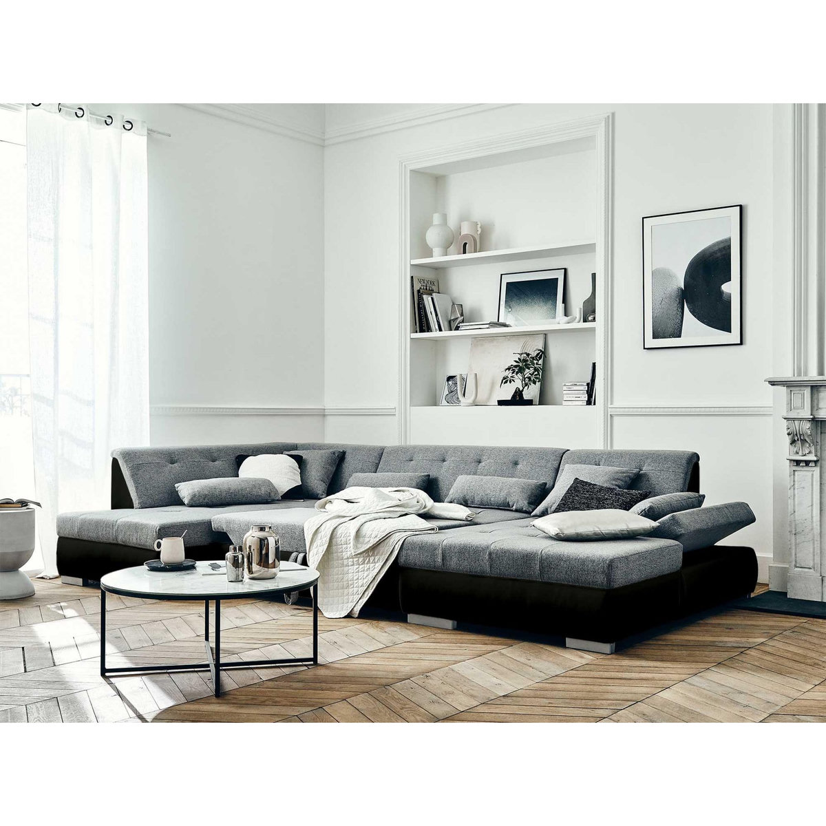 LISA DESIGN Vermont - canapé panoramique d'angle gauche - 7 places - convertible - en simili et tissu