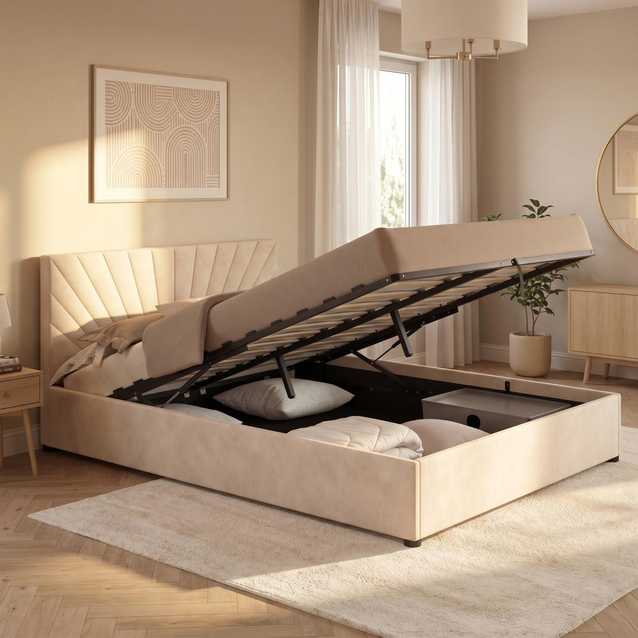 Voir la diapositive 2 : ID MARKET Lit coffre double sunlight avec tête de lit matelassée et sommier 140 x 190 cm velours beige