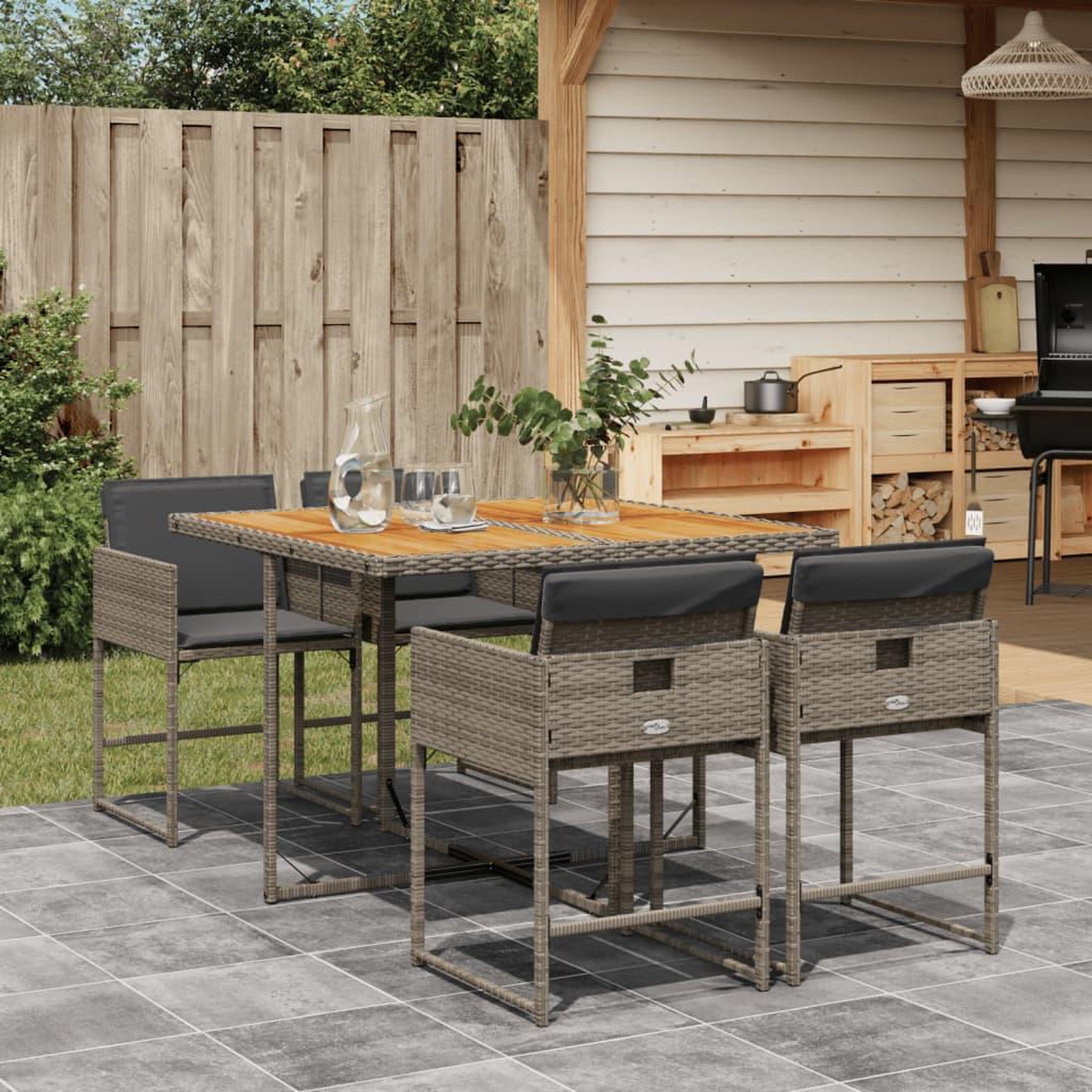 VIDAXL Ensemble a manger de jardin 5 pcs coussins gris resine tressee