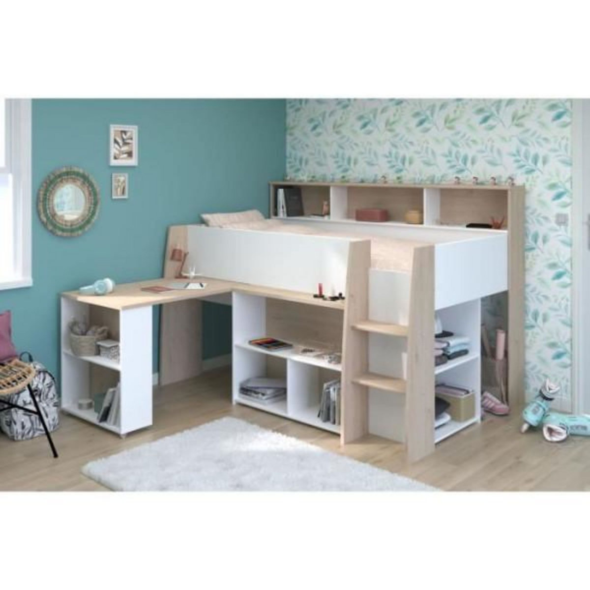 PARISOT PARISOT Lit combiné enfant avec bureau rétractable - Décor blanc et chene - 90x 200 cm - Sommier inclus -THEO