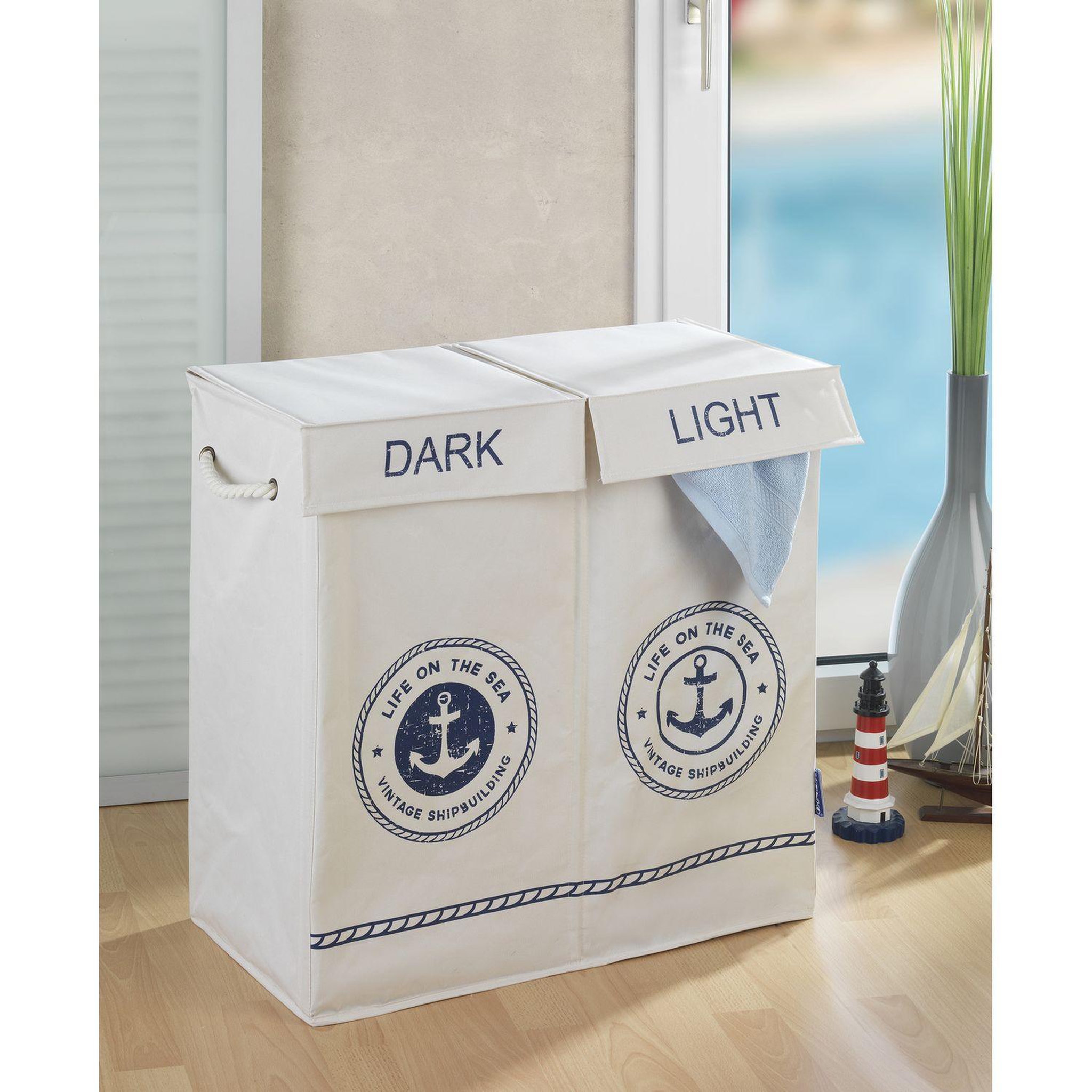 Voir la diapositive 3 : Wenko Panier à linge double design marin sylt - l. 60 x h. 60 cm - beige