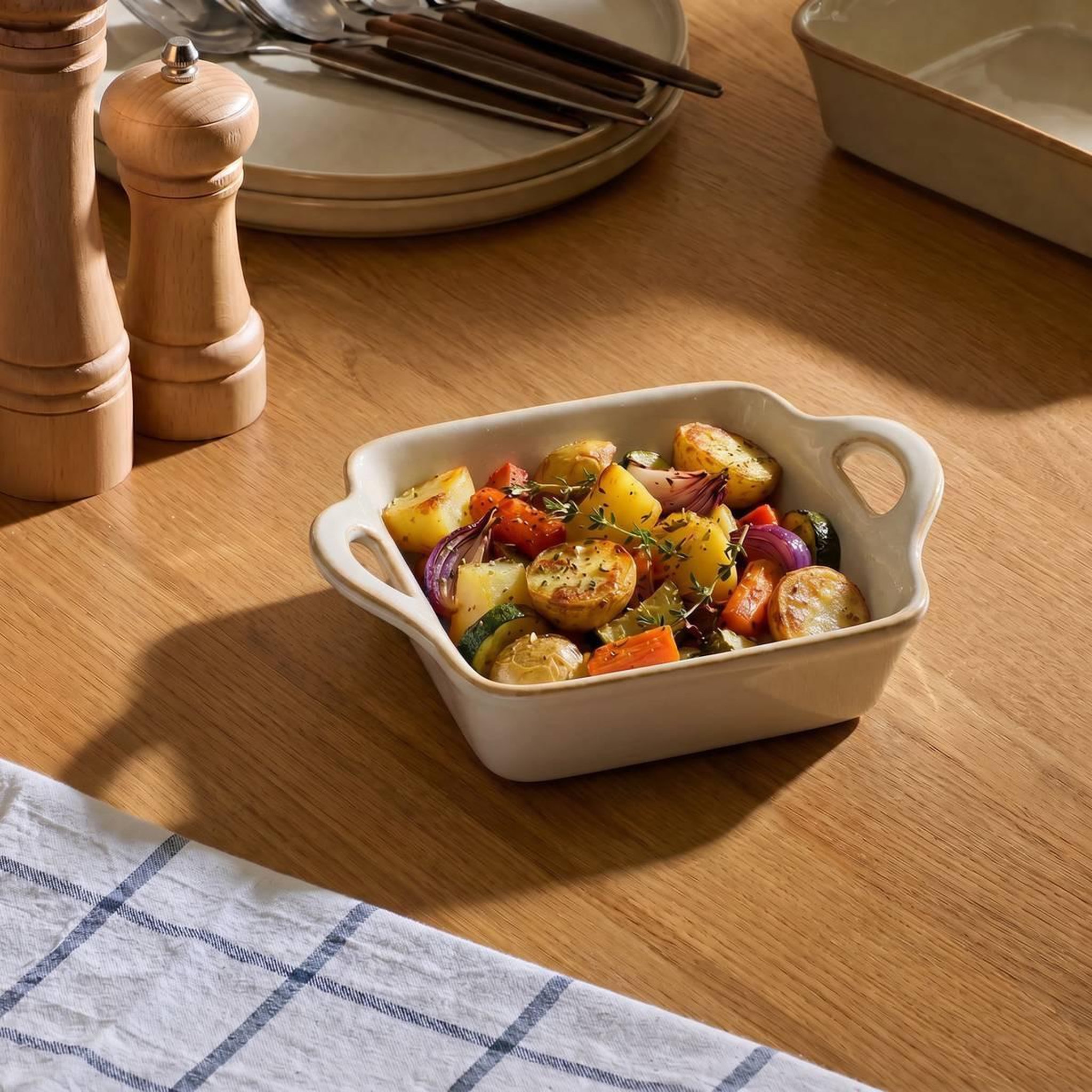 Voir la diapositive 3 : SECRET DE GOURMET Plat à Four Carré en Grès  Terre Inconnue  16cm Beige