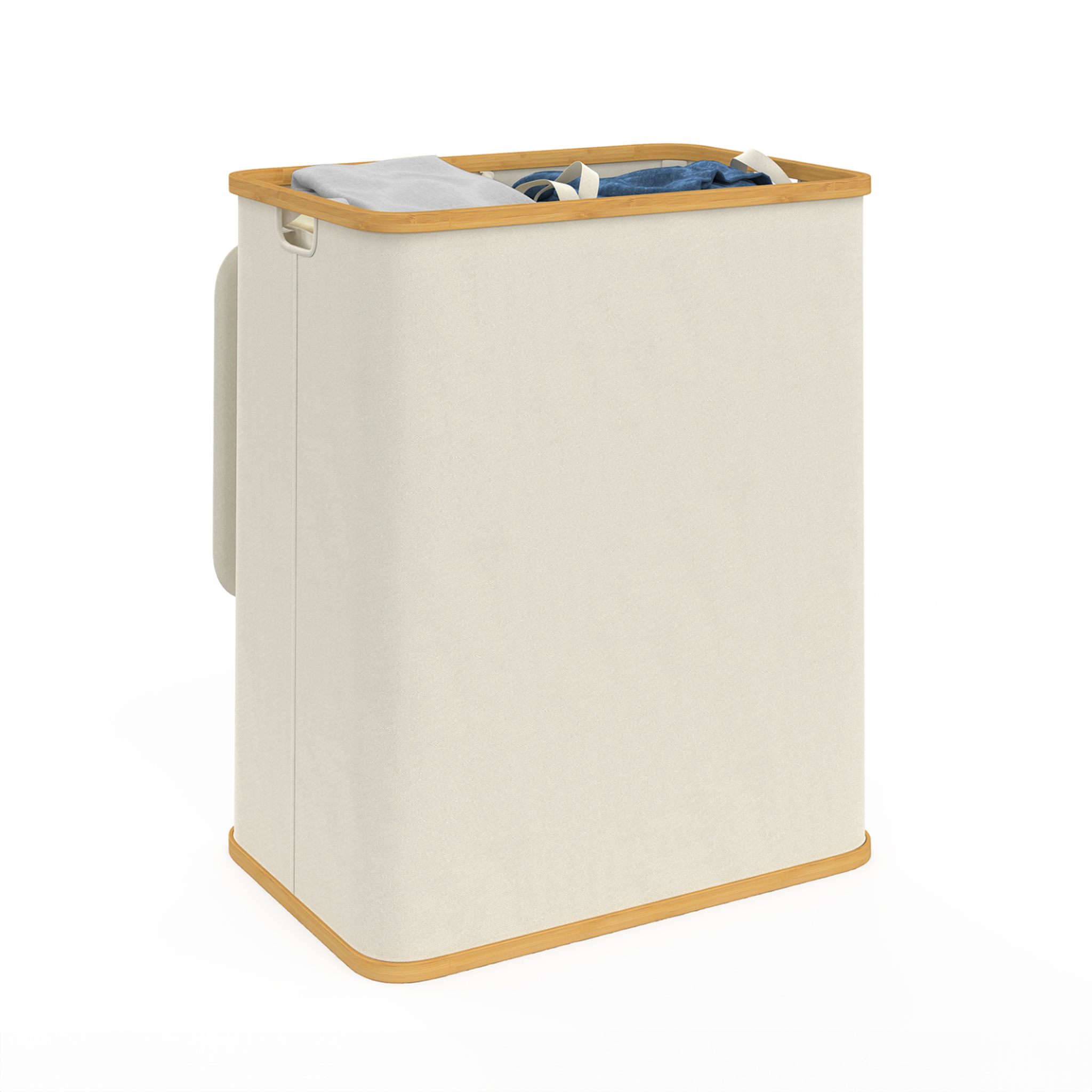 Voir la diapositive 4 : ID MARKET Panier à linge 140 l 2 bacs amovibles bambou rita tissu écru