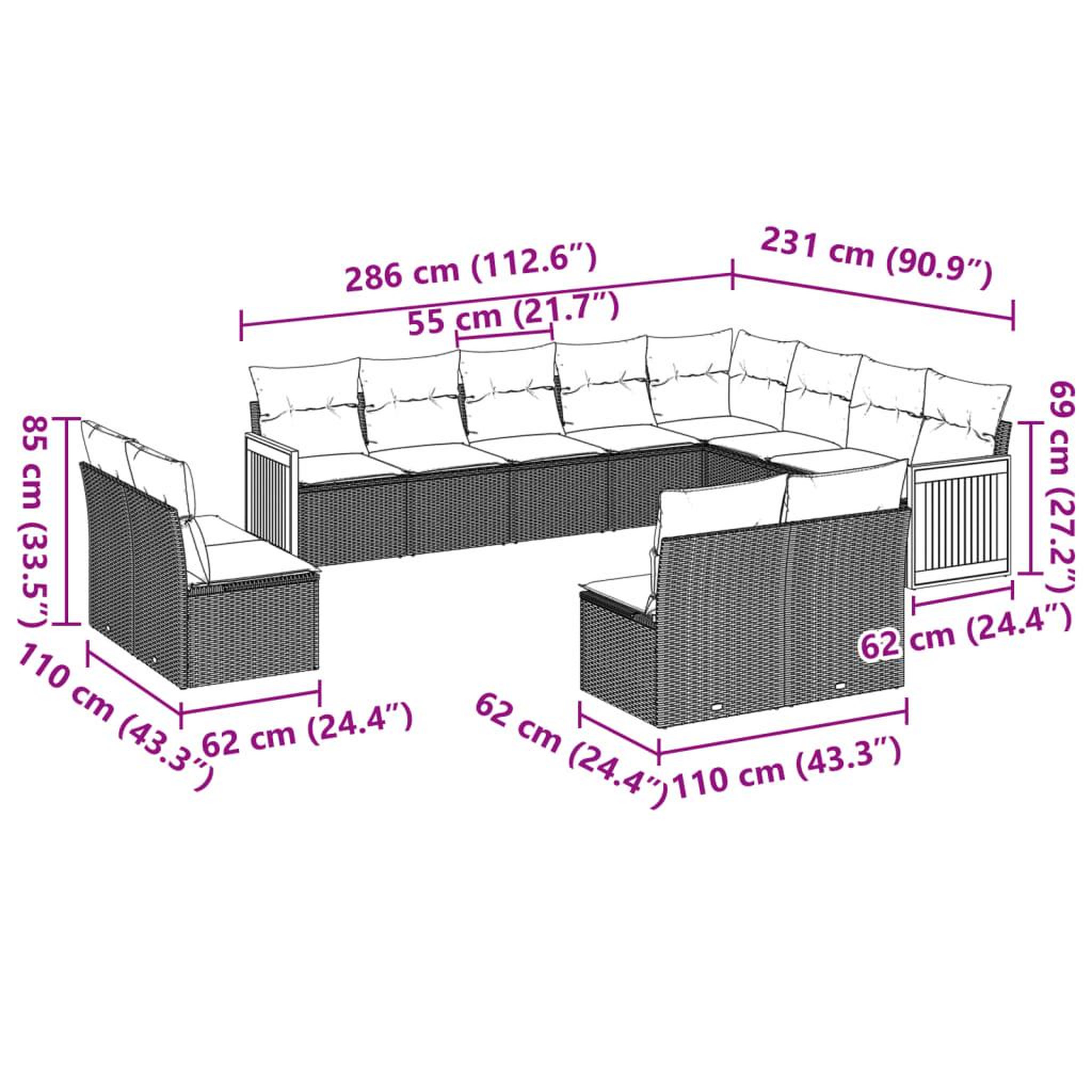 Voir la diapositive 6 : VIDAXL Salon de jardin 12 pcs avec coussins noir resine tressee