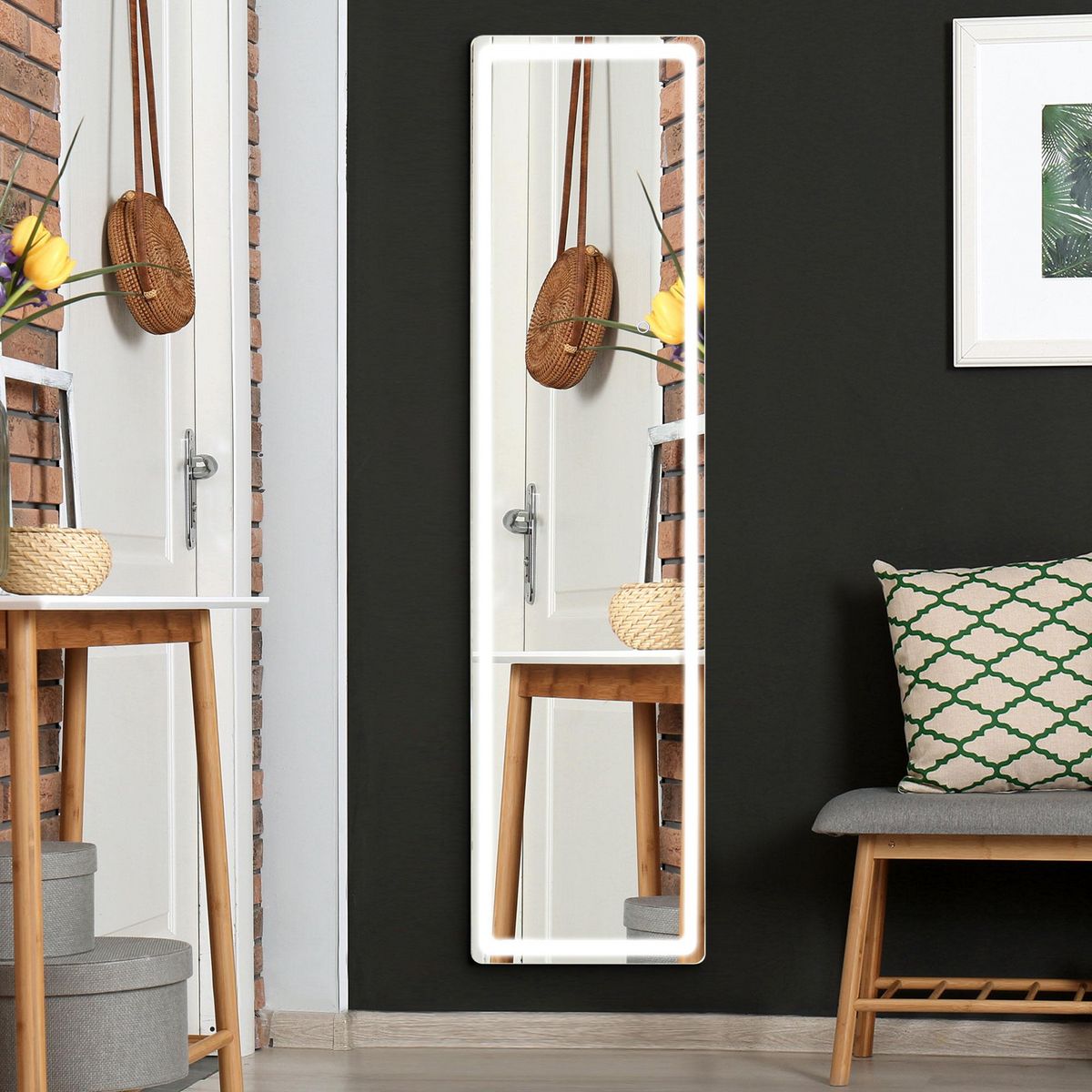 HOMCOM Miroir LED sur pied ou mural au choix - intensité et couleur réglable - télécommande incluse - verre alu. noir