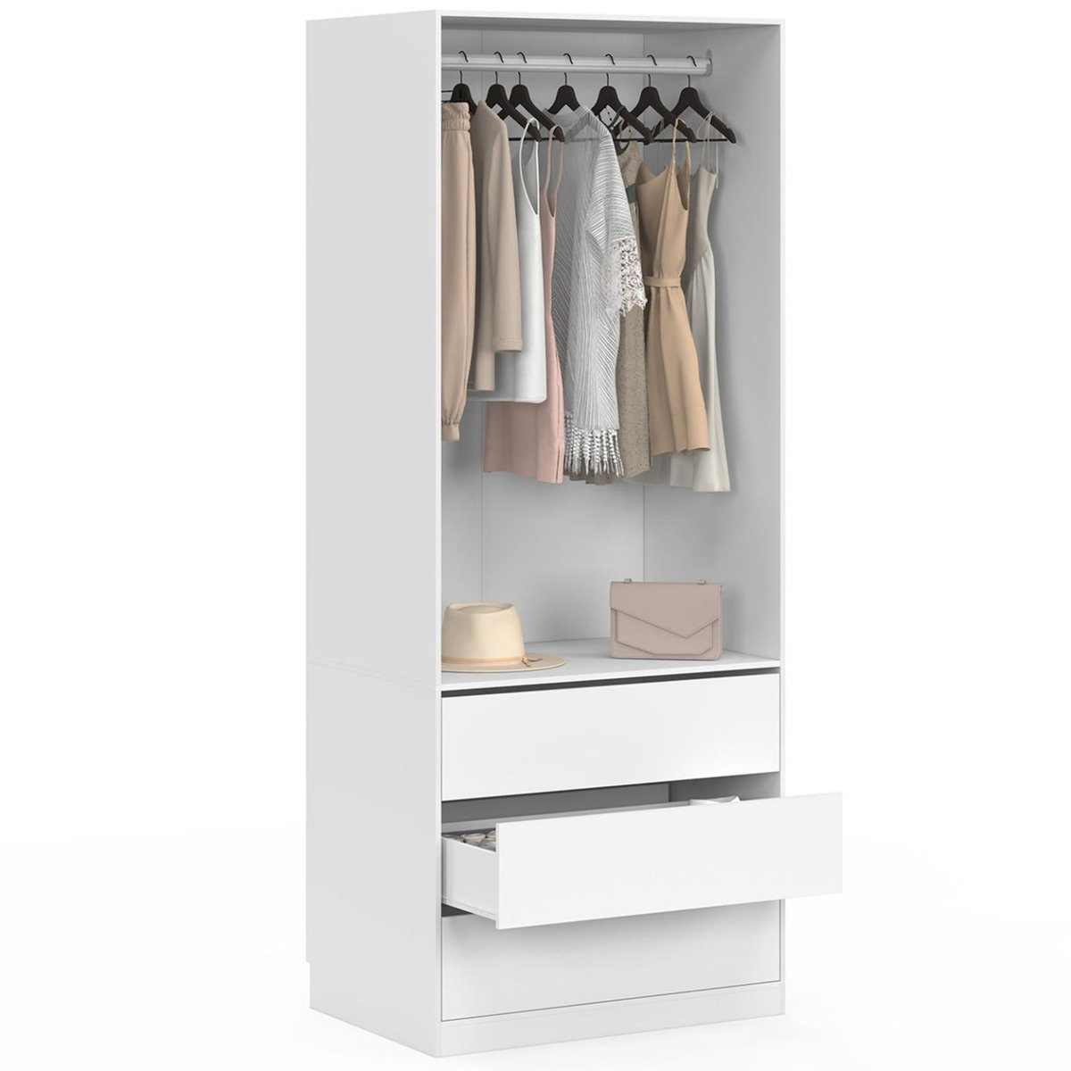 ID MARKET Dressing TAYLOR 80 x 55 x 200 cm 1 module avec penderie + 3 tiroirs blanc