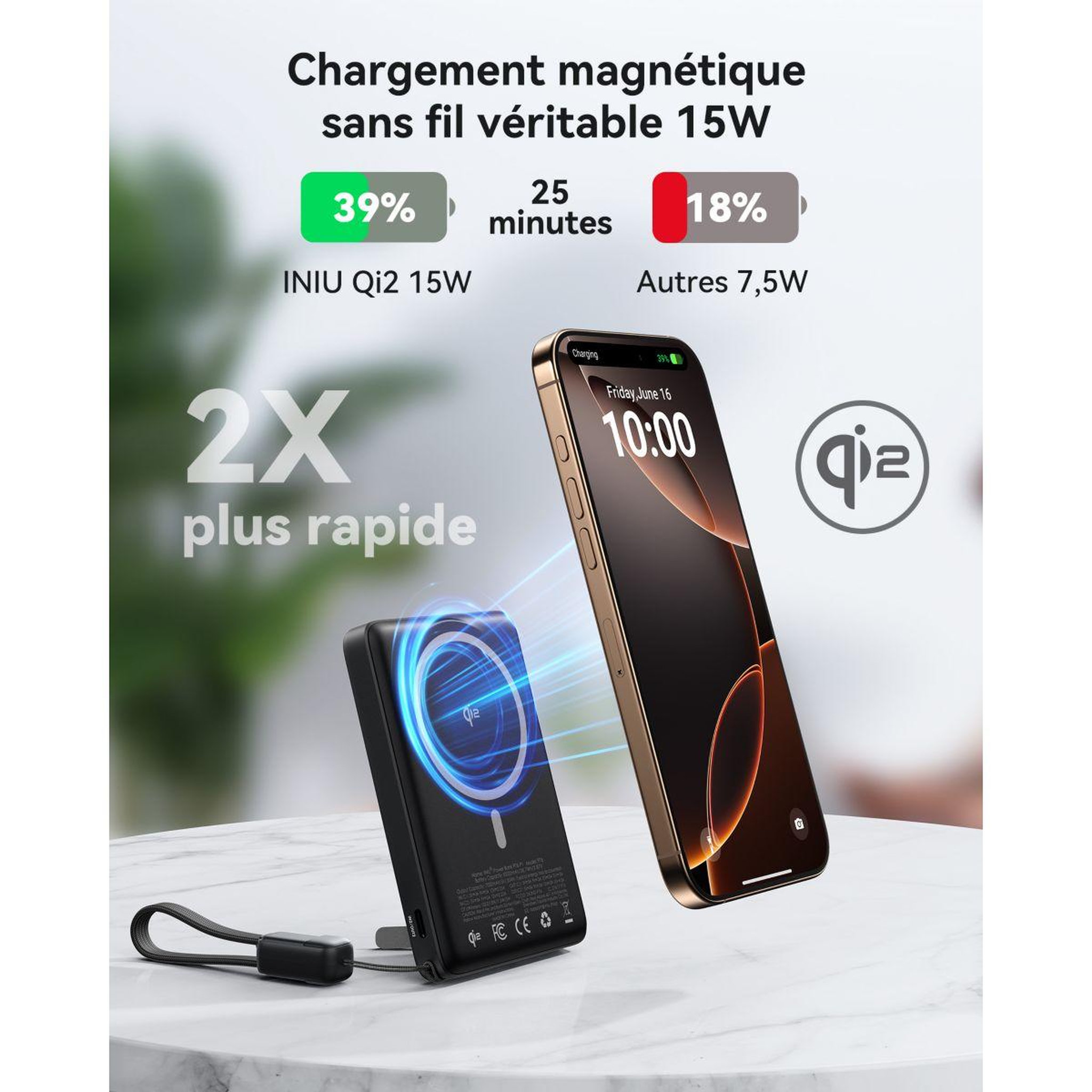Voir la diapositive 5 : INIU Batterie externe 10 000 mAh MagPro slim noir