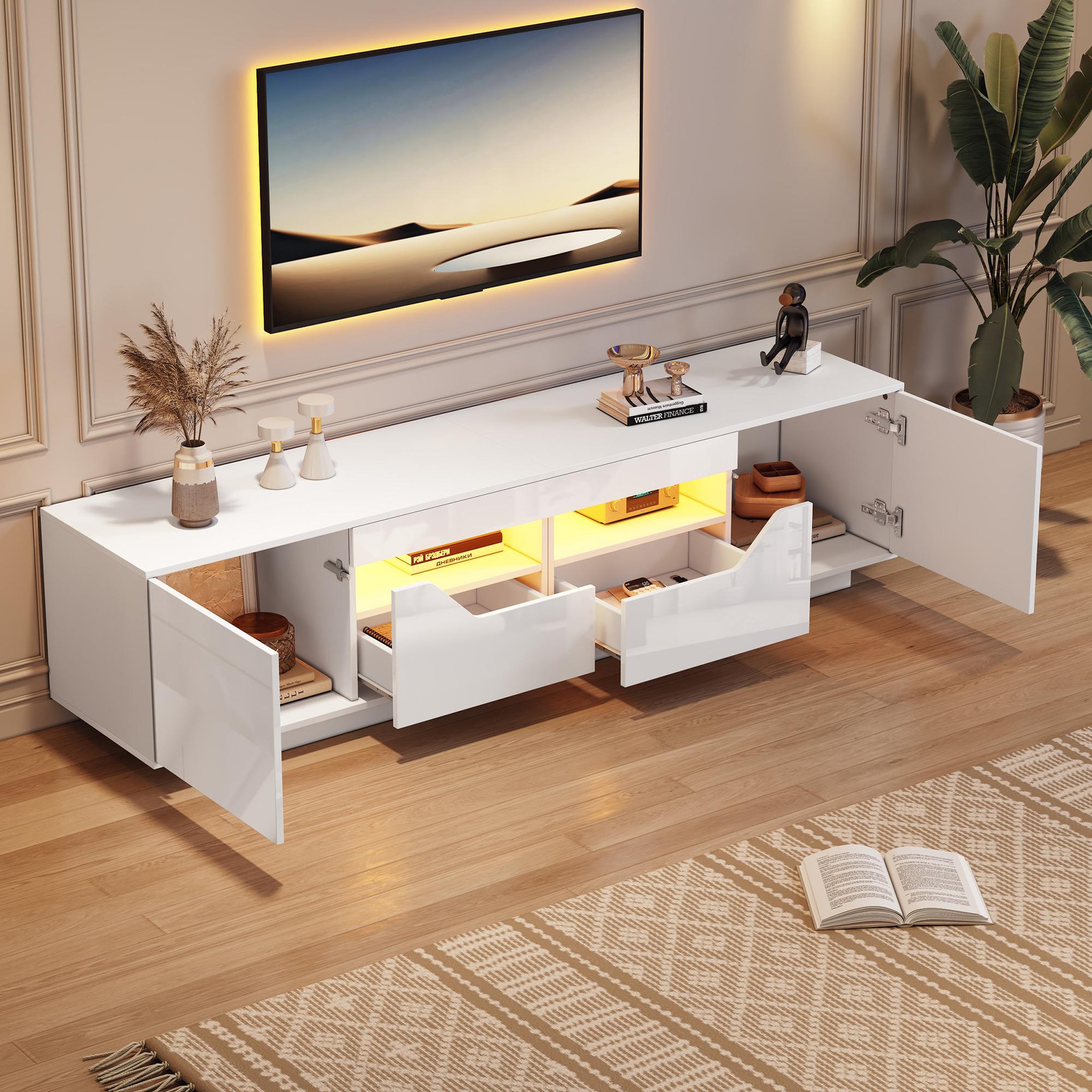 Voir la diapositive 5 : MERAX Meuble tv blanc 180 cm led panneau de particules