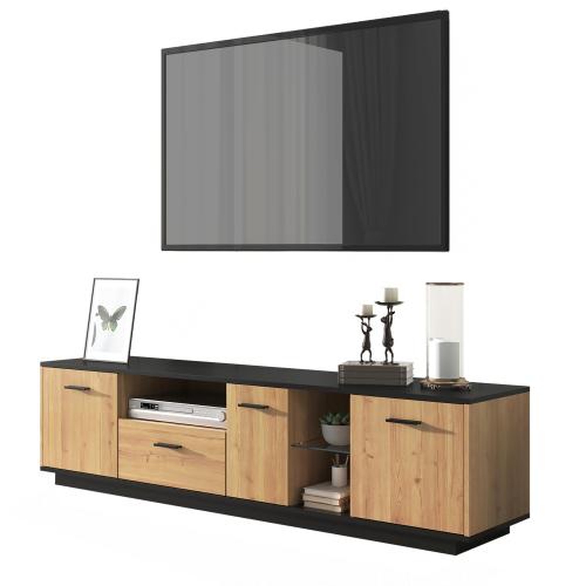 MERAX Meuble tv naturel+noir 180 cm led mdf