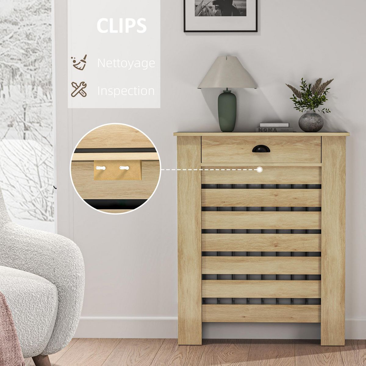 HOMCOM Couvercle de radiateur, cache radiateur, grille à lattes horizontales, avec tiroir, 78 x 19 x 95,5 cm, couleur aspect bois