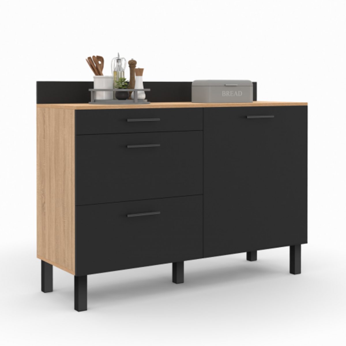 ID MARKET Buffet bas casserolier de cuisine 120 CM CINA plan de travail H.83 cm 1 porte + 3 tiroirs façon hêtre et noir