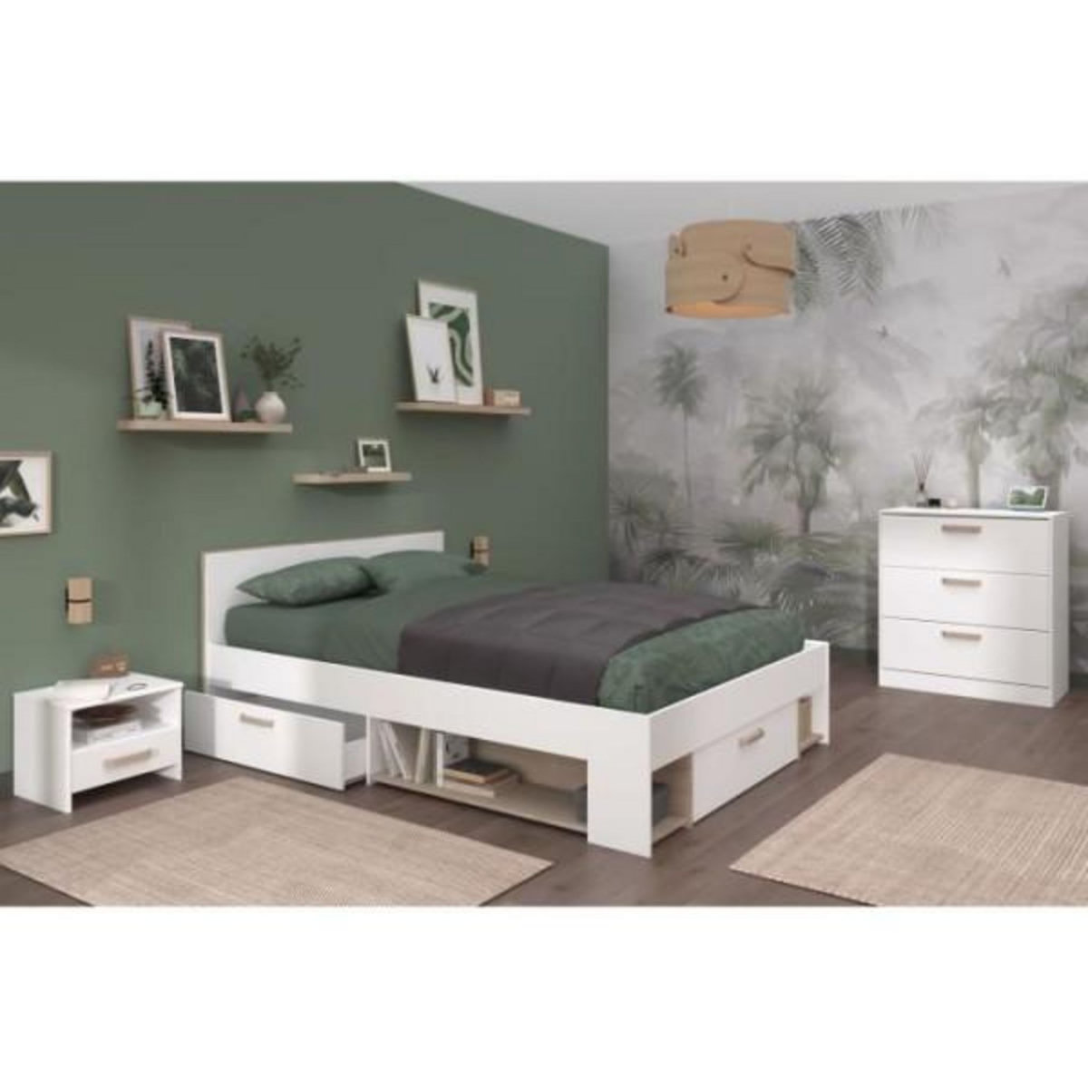 PARISOT Chambre complete adulte DREAM : Lit 140x190/200 cm + 2 chevets + commode - Décor blanc et chene - PARISOT