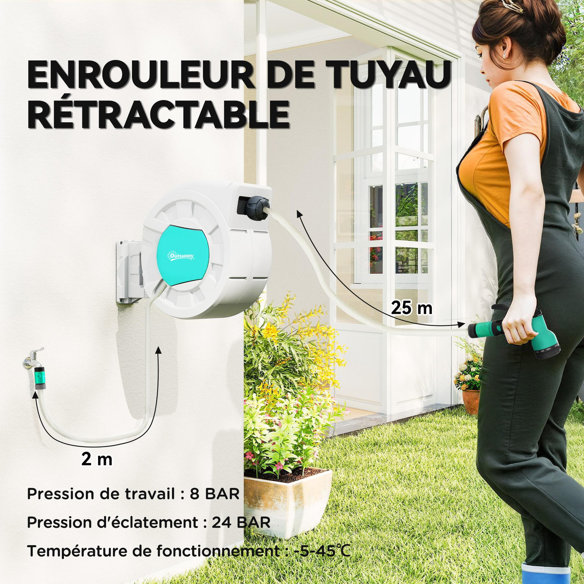 Voir la diapositive 5 : OUTSUNNY Dévidoir mural enrouleur automatique pivotant 180° tuyau 35 + 2 m avec lance arrosage 7 modes support mural intégré gris clair bleu
