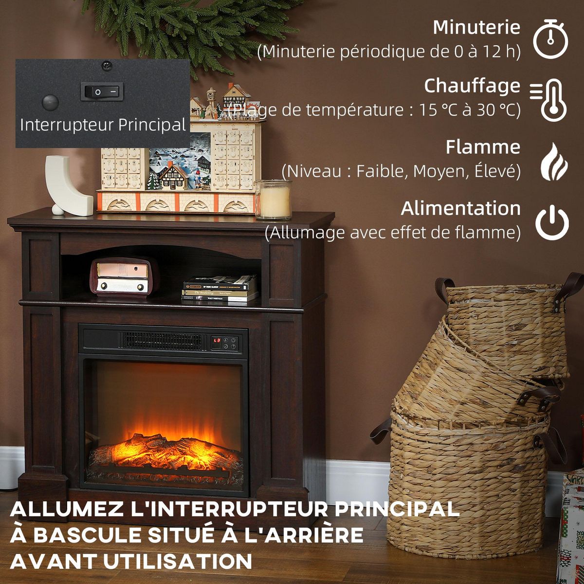 HOMCOM Cheminée électrique XL style classique chic 1800W  effet flammes LED réglable télécommande effet bois