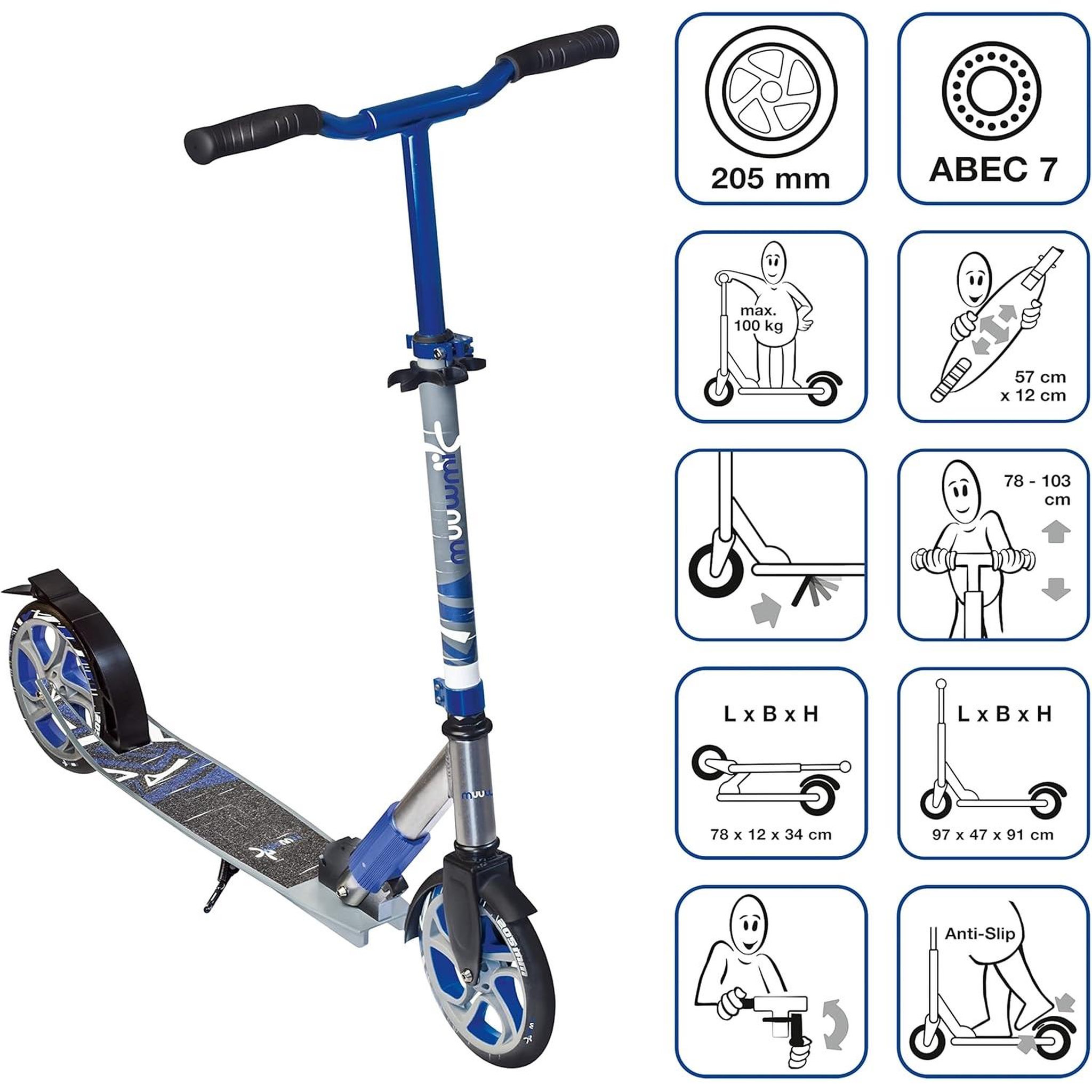 Voir la diapositive 2 : MUUWMI Aluminium Trottinette Deluxe 205 mm gris-Bleu